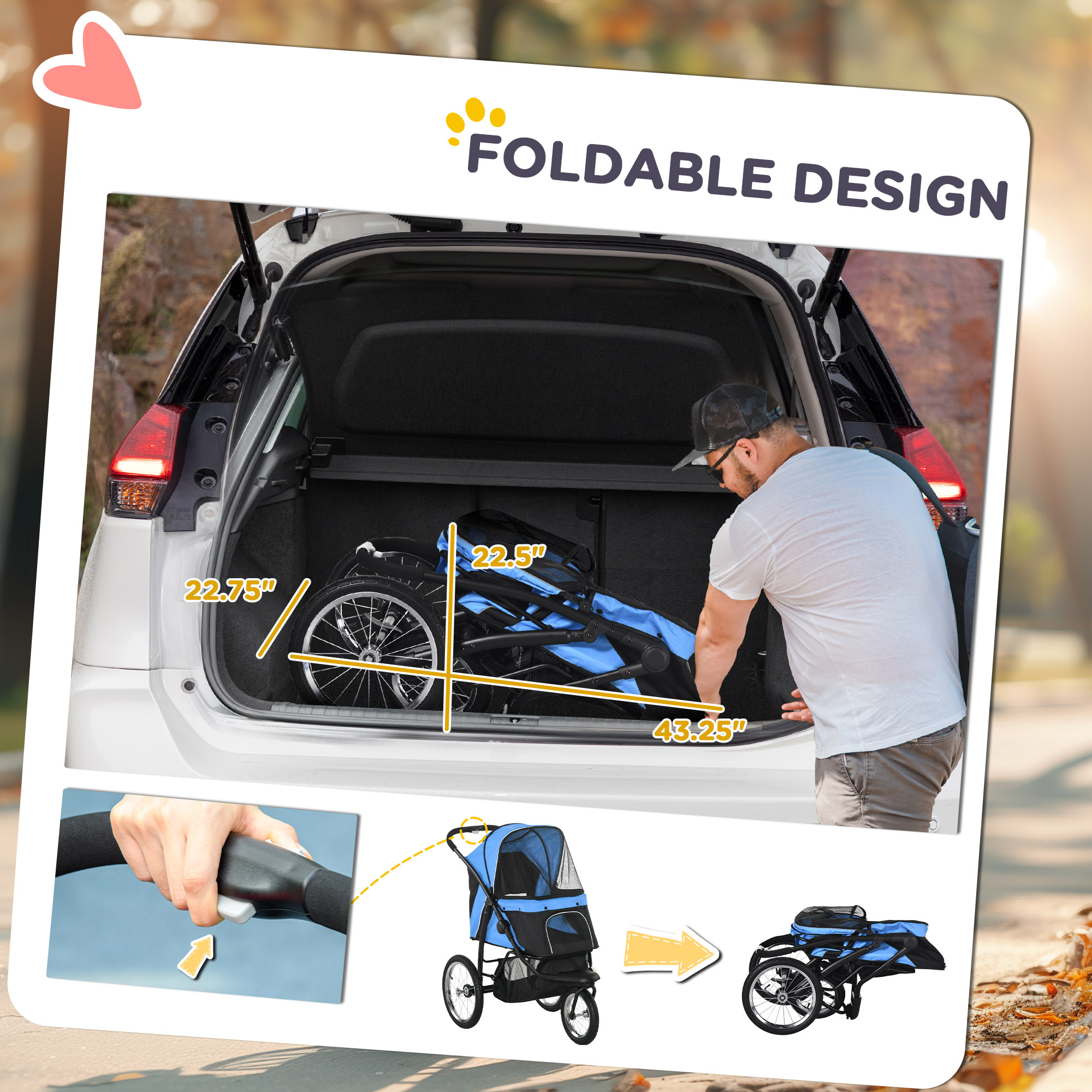 Cochecito para Mascotas de 3 Ruedas para Perros Pequeños y Medianos con Techo Ajustable, Correa de Seguridad y Cesta de Almacenamiento, Azul — imagen 7