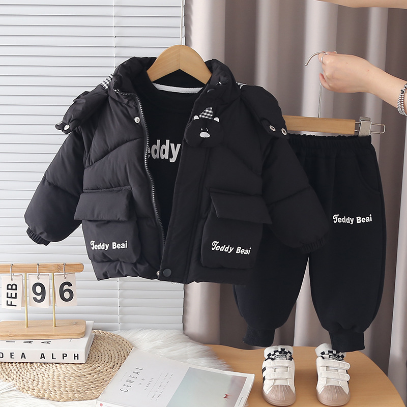 Boys Winter Fleece Lined Thickened Cotton Jacket Three-Piece Set with Cute Bear Head Pattern — image 5