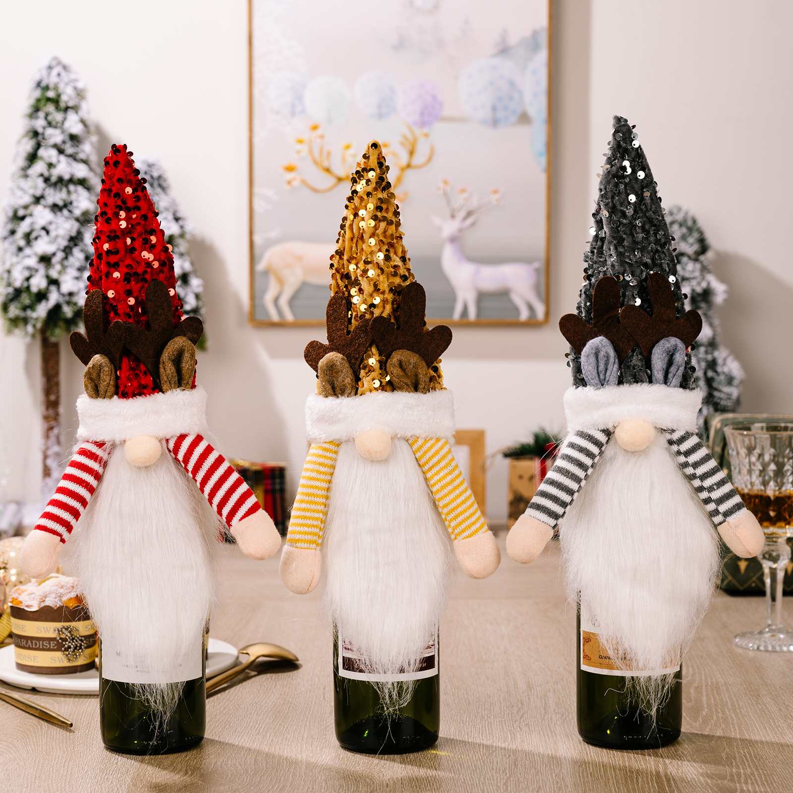 Christmas decoration items, sequins, red, yellow, black sequin caps, wine bottle covers, deer horn wine covers, red wine bottle caps — image 5