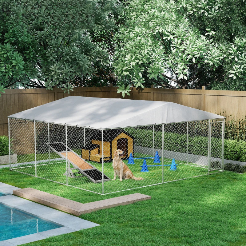 7' Dog Kennel Outdoor For Small Medium Large Dogs With Waterproof Roof, Silver Multiple Packages — imagen 6