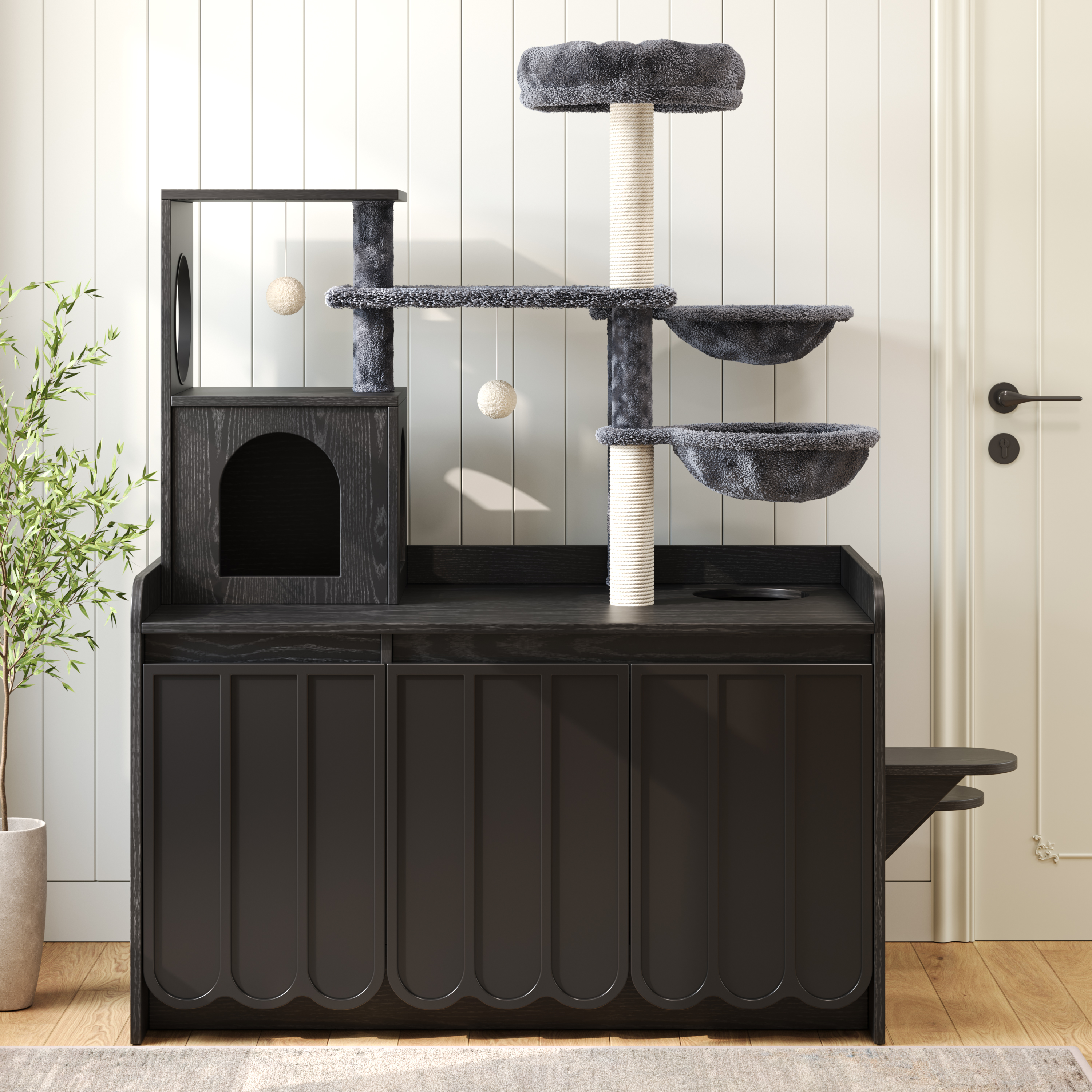 Rascador para Gatos de 50.6" con Cubierta para Caja de Arena, Torre para Gatos con Poste Rascador de Sisal y Espacio de Almacenamiento, Mueble con Caja de Arena Oculta, Condominio Moderno Todo en Uno con Casa, Hamaca y Percha, Negro — imagen 4