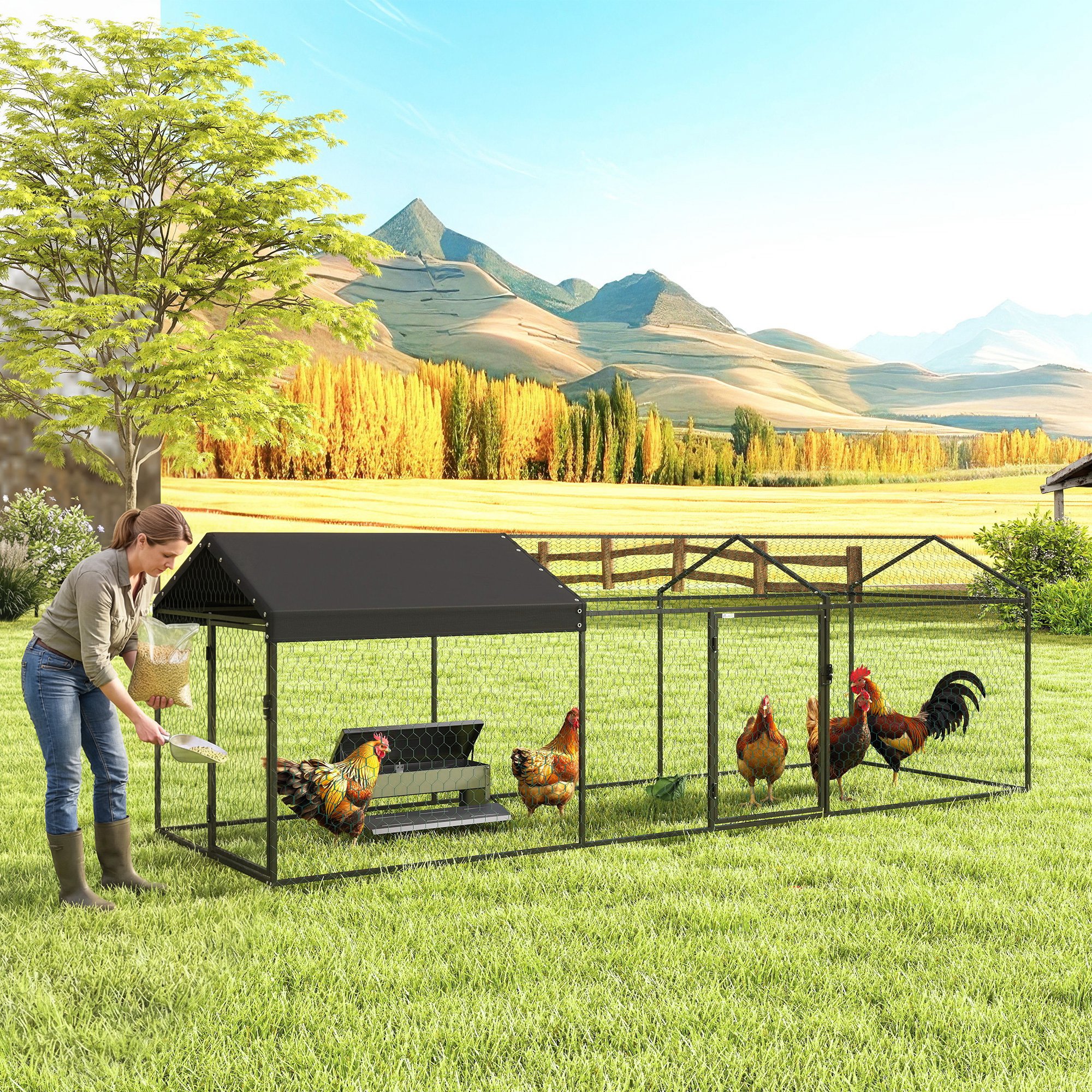 Casa de Pollos Grande en Metal con Corral Acogedor y Cubierta Impermeable UV para 3-5 Gallinas, Caja para Pájaros Exterior para Conejos — imagen 3