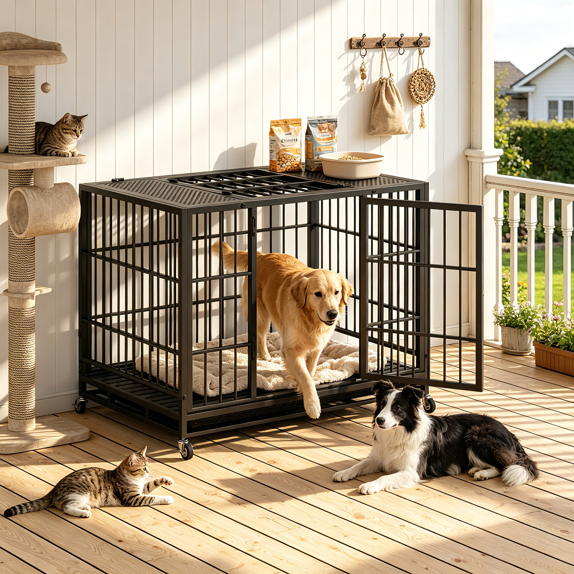 Heavy Duty Dog Crate, Mobile Pet Kennel with Lockable Wheels & Rotary Twist-Latch, Indoor Outdoor Metal Cage with Perforated Top — image 1