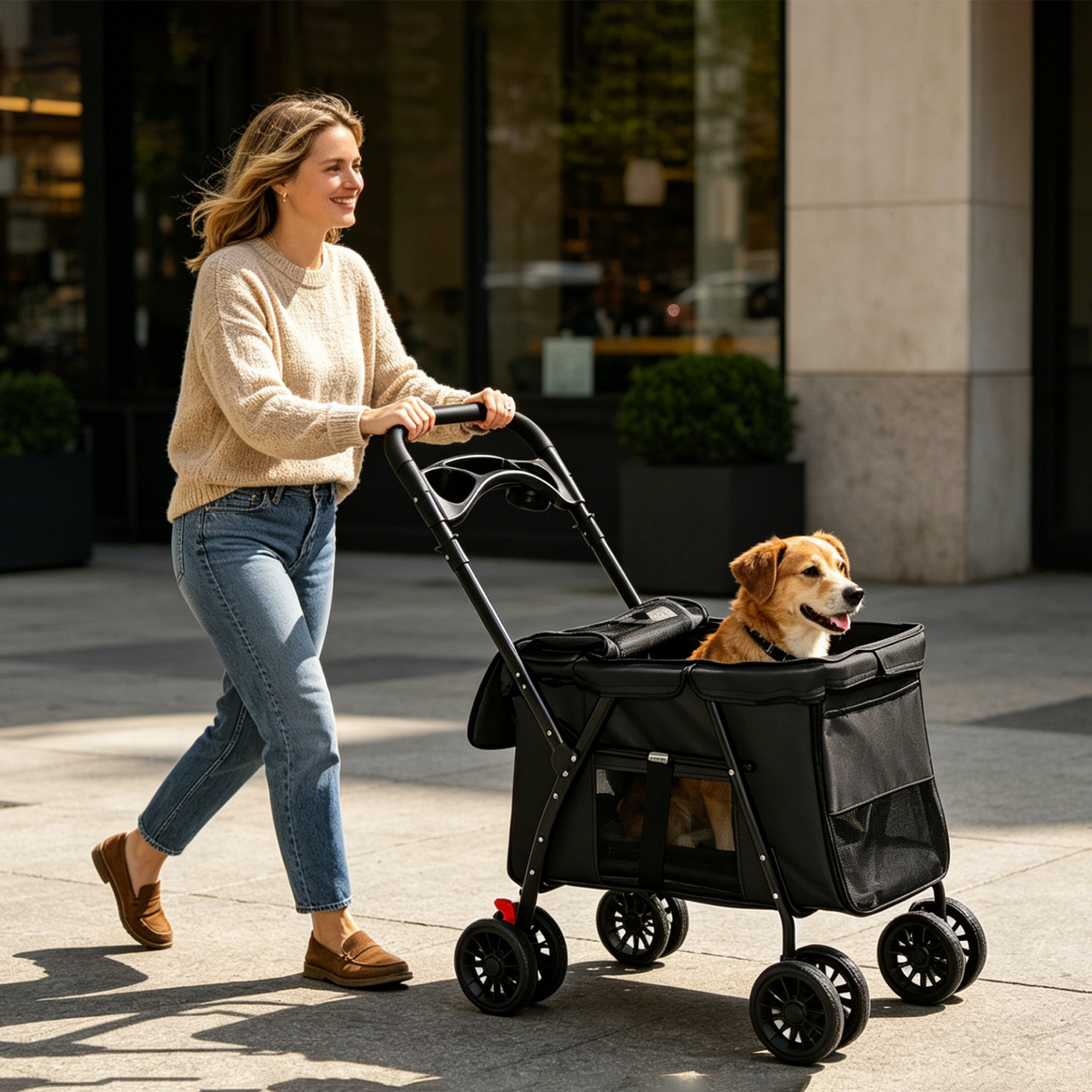 Carril de Mascotas Plegable 4-Ruedas, Malla Respirable para Perros y Gatos con Ruedas de Choque, Sistema de Freno, Plataforma de Almacenamiento, 2 Correas de Seguridad Fijas, Espacio Amplio para Pequeños a Medianos Animales, Negro — imagen 15
