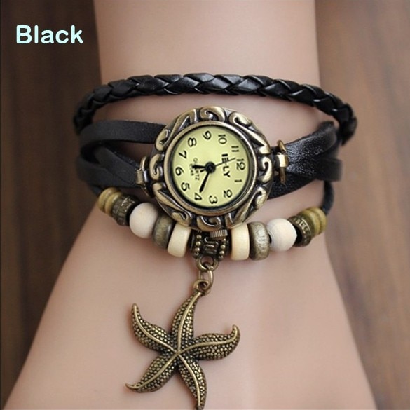 Lady Starfish Bracelet Watch Clock Retro Weave Wrap Watches Genuine Leather Starfish Wristwatch Slim Bnad small Dial LL — image 5