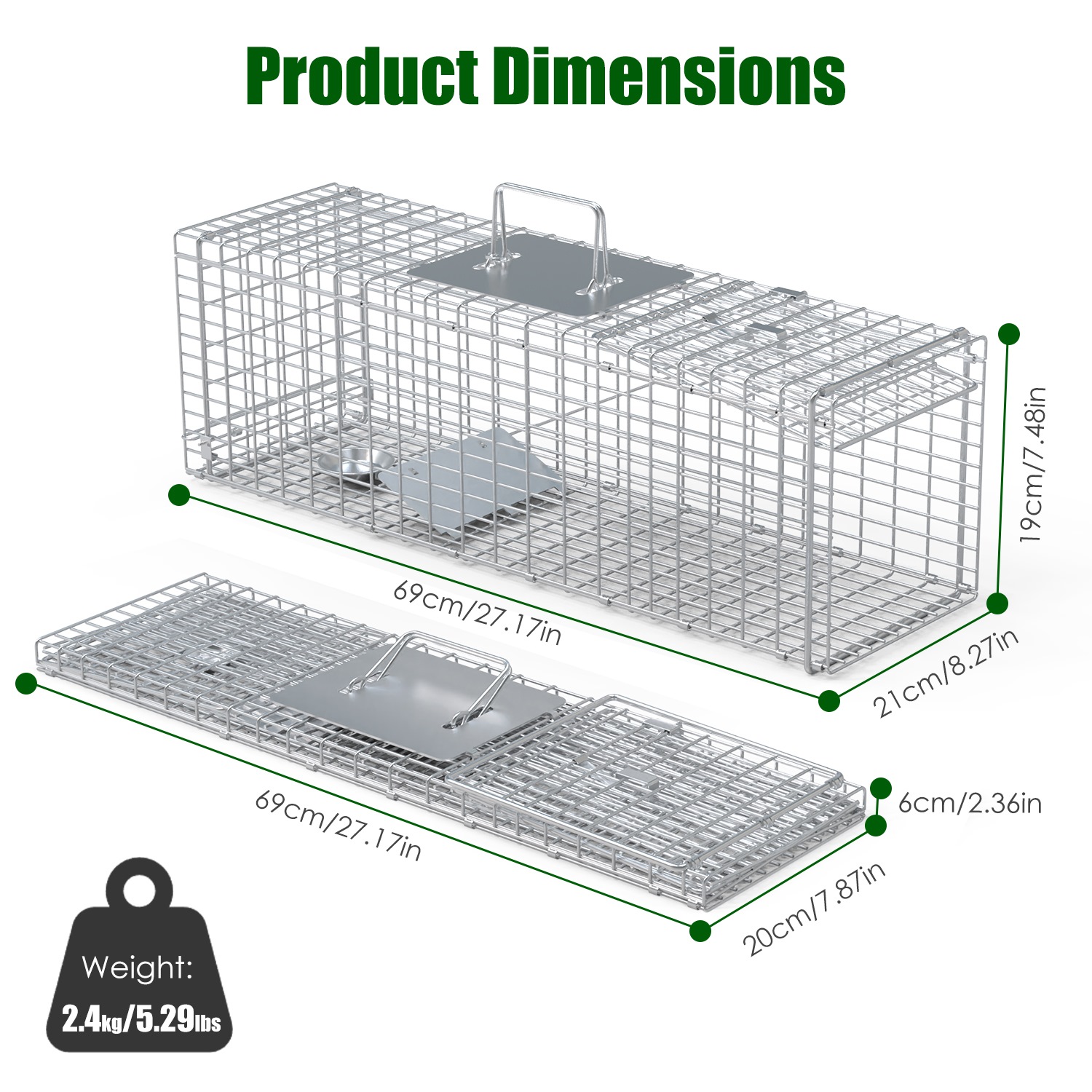 Caja de Trampa para Animales Vivos, Plegable y Humana para Conejos, Mapaches, Zorros, Ardillas, etc. (27.17x7.48x8.27 in) Acero Resistente para Primavera y Verano — imagen 7