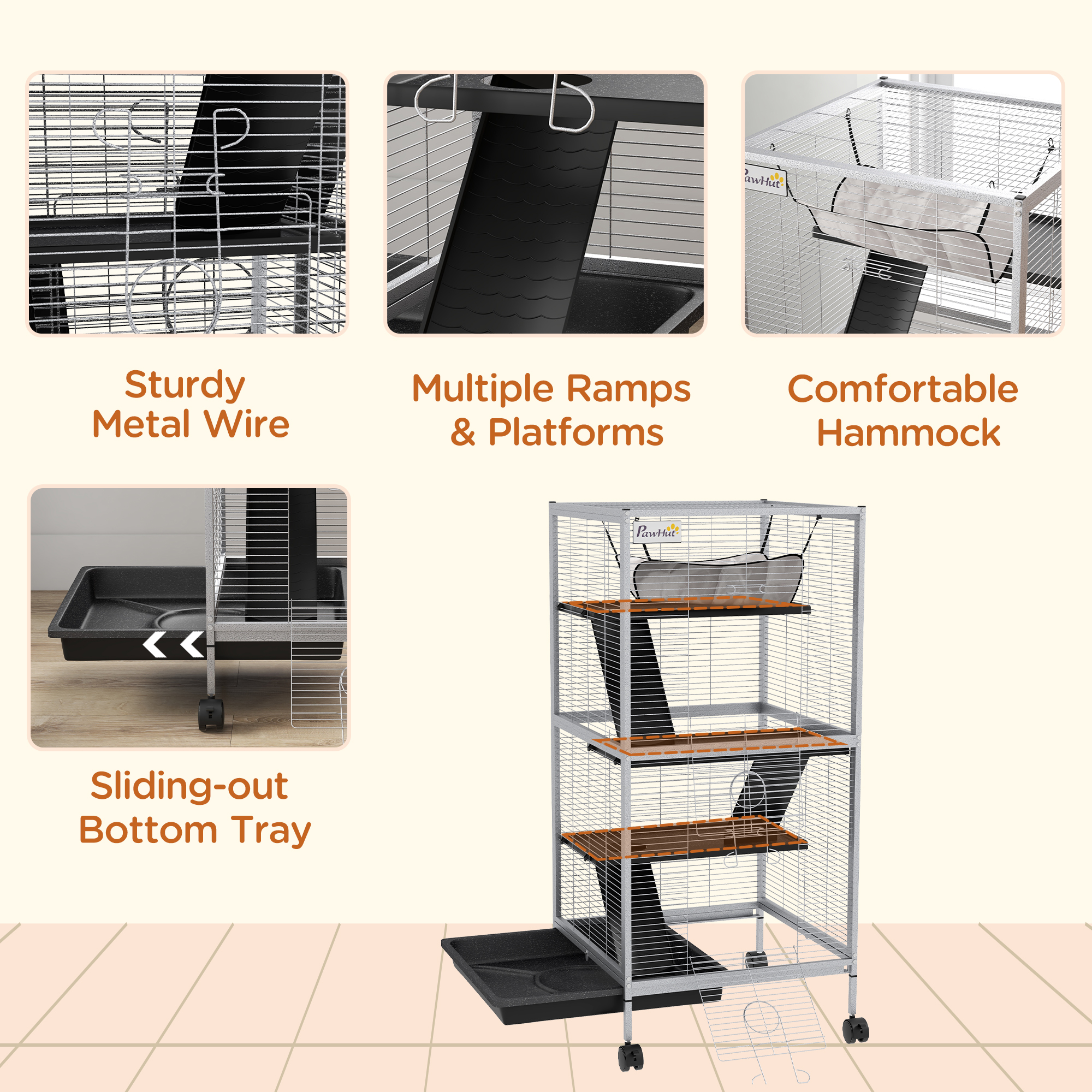 45" H Rolling Small Animal Cage with Hammock, Ferret Cage, Chinchilla Cage, Pet Habitat with 6 Doors, Removable Tray — image 7