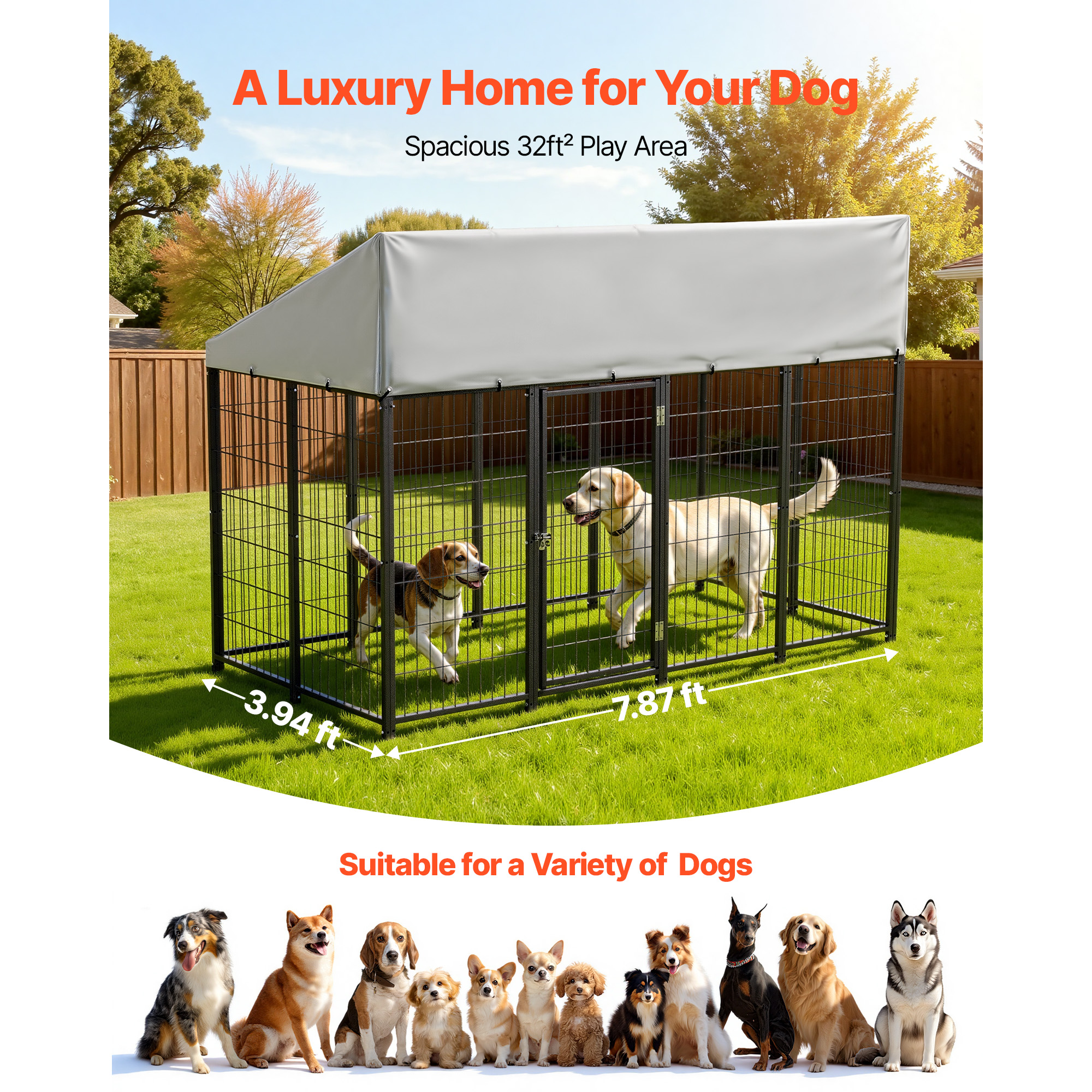 Cubo para Perros al Aire Libre, 7.87 x 3.94 x 5.4 pies Gran Cubículo con Cerradura Segura, Recintos para Perros Exteriores con Techo Resista UV y Resistente a Agua, Caja Pesada para Perros Grandes — imagen 2