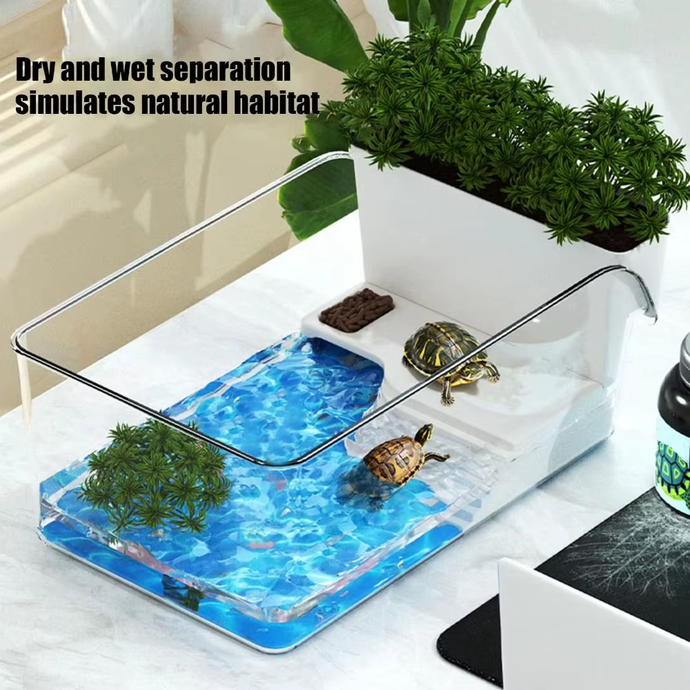 Transparent Turtle Tank with Basking Area Sun Climbing Landscape Turtle Tank Ecological Landscaping Reptile Terrarium Habitat — image 4