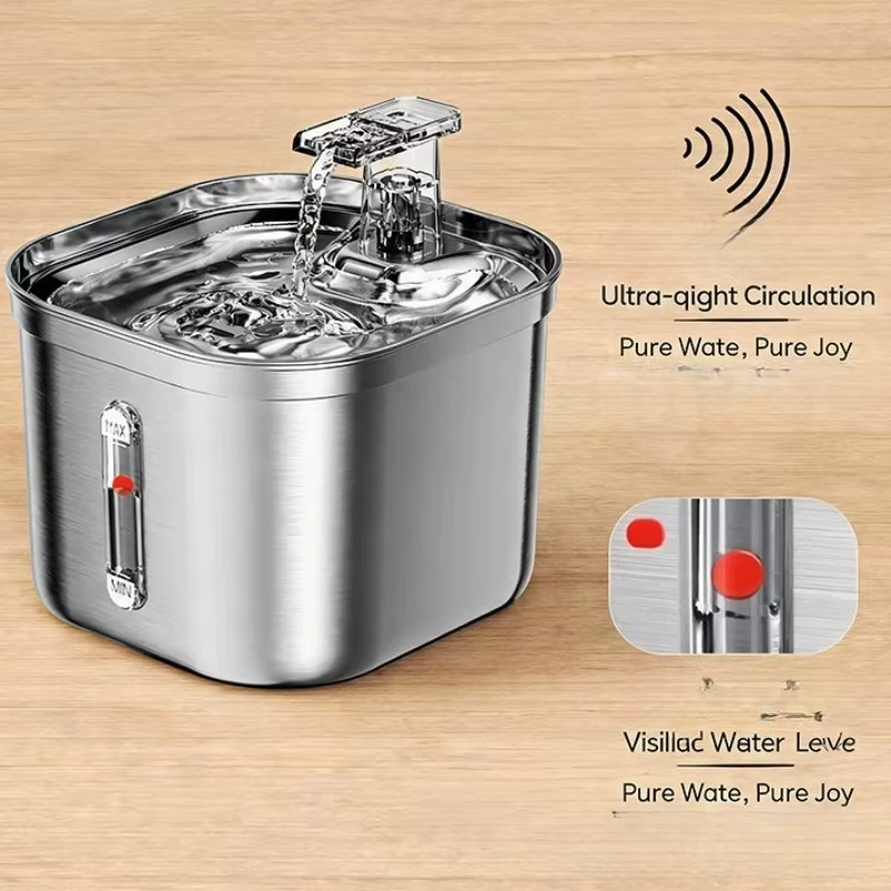 Pet Fountain Visible Level Constant Flow Easy Clean Ultra Quiet Stainless Steel Material Automatic Dispenser for Small Cats — image 3