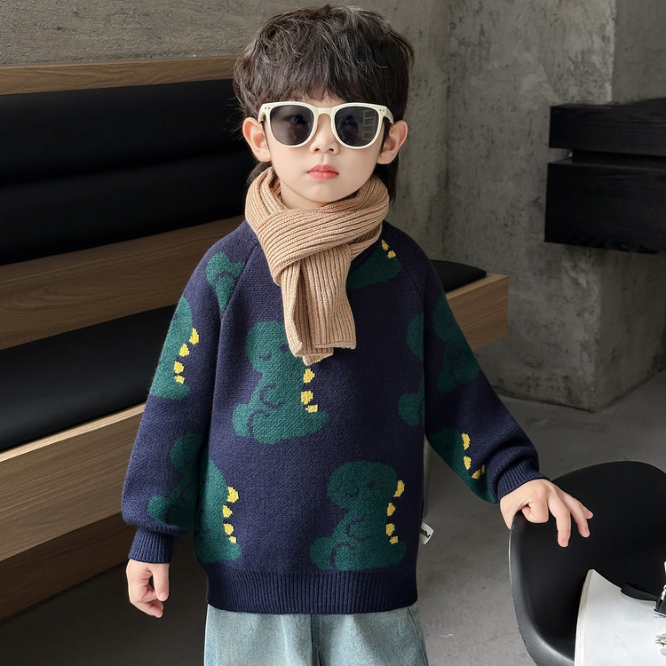Kids Cartoon Dinosaur Print Crew Neck Pullover Knit Sweater — image 2