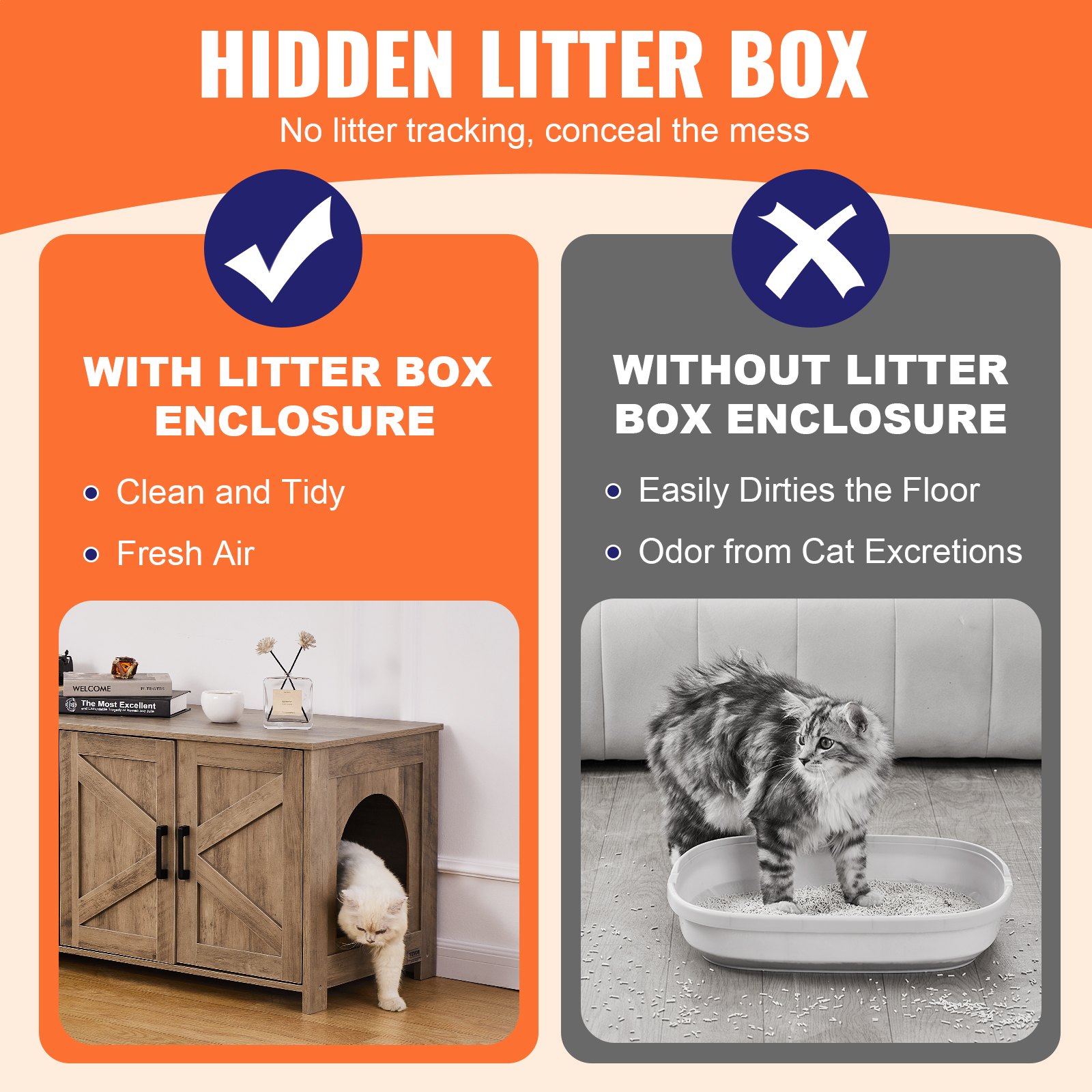 Caja de Limpieza para Gatos Encerrada para 2 Gatos, Diseño Estético Oculto con Dos Habitaciones, Armario de Madera para Cajas de Limpieza que Encaja en la Mayoría, 47.2"L x 18.5"A x 19.7"H, Greige — imagen 3