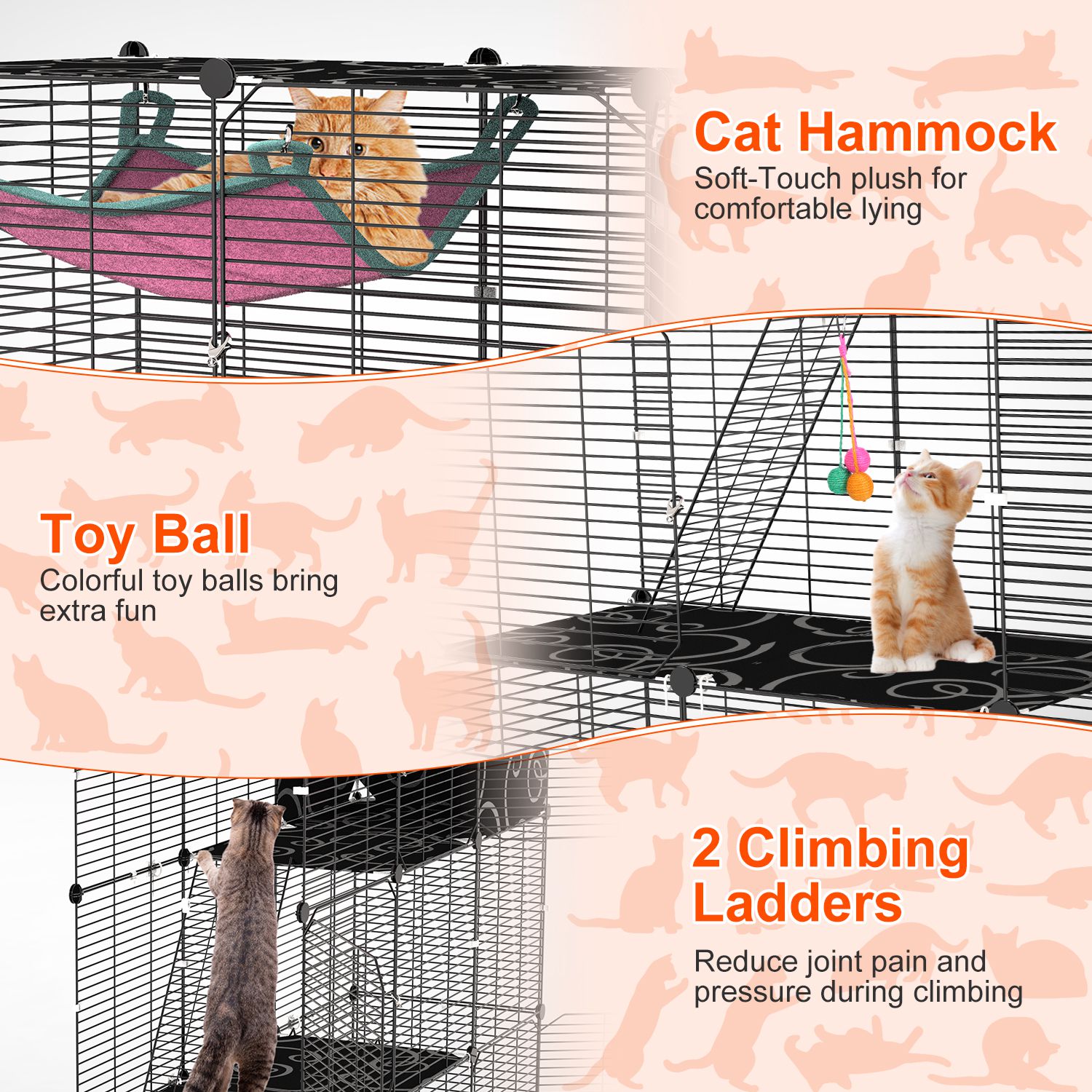 3-Tier Cat Cage Enclosure Indoor Cat Cage Playpen With Hammock Toy Ball Ladder DIY Iron Wire Cat House Kennels Crate For 1-2 Cats Ferret Rabbit Small Animals — image 10