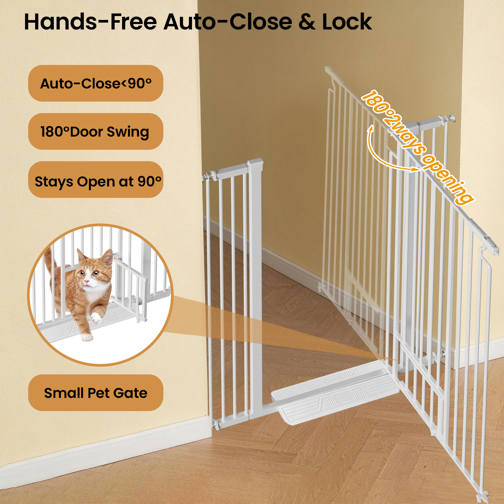Reja Extra Alta para Gatos de 53.15" Ancho 29.53-40.16" con Puerta Pequeña para Gatos, Reja de Seguridad de Cierre Automático, Espaciado Estrecho de Barras de 1.37", Kit de Montaje a Presión sin Taladrar para Gatos y Perros, Blanco — imagen 3