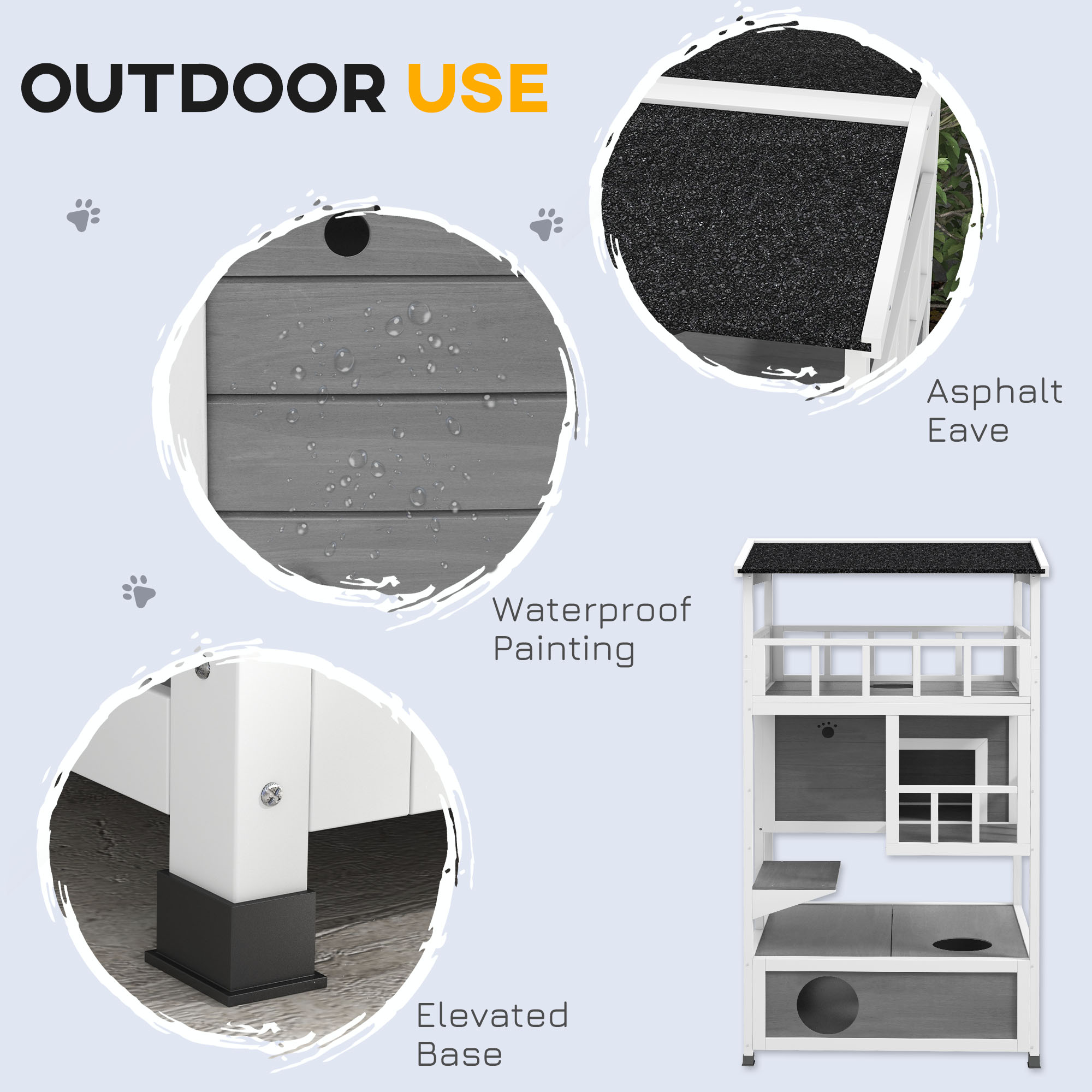 Wooden Outdoor Cat House with Asphalt Roof, Escape Doors, Condo, Jumping Platform, Light Gray — imagen 2