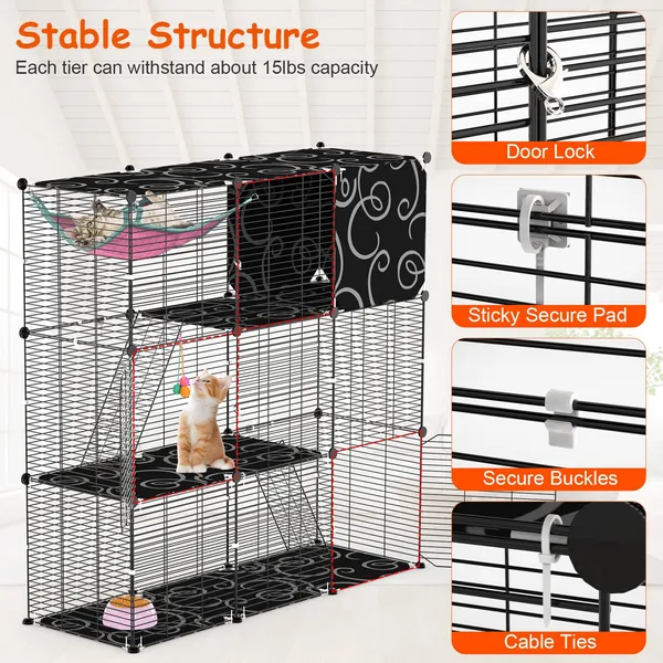 Jaula/Corral para Gatos de 3 Niveles para Interior con Hamaca, Pelota de Juguete y Escalera, Casa de Alambre de Hierro para Armar Tipo DIY para 1-2 Gatos, Hurones, Conejos y Otros Animales Pequeños — imagen 3