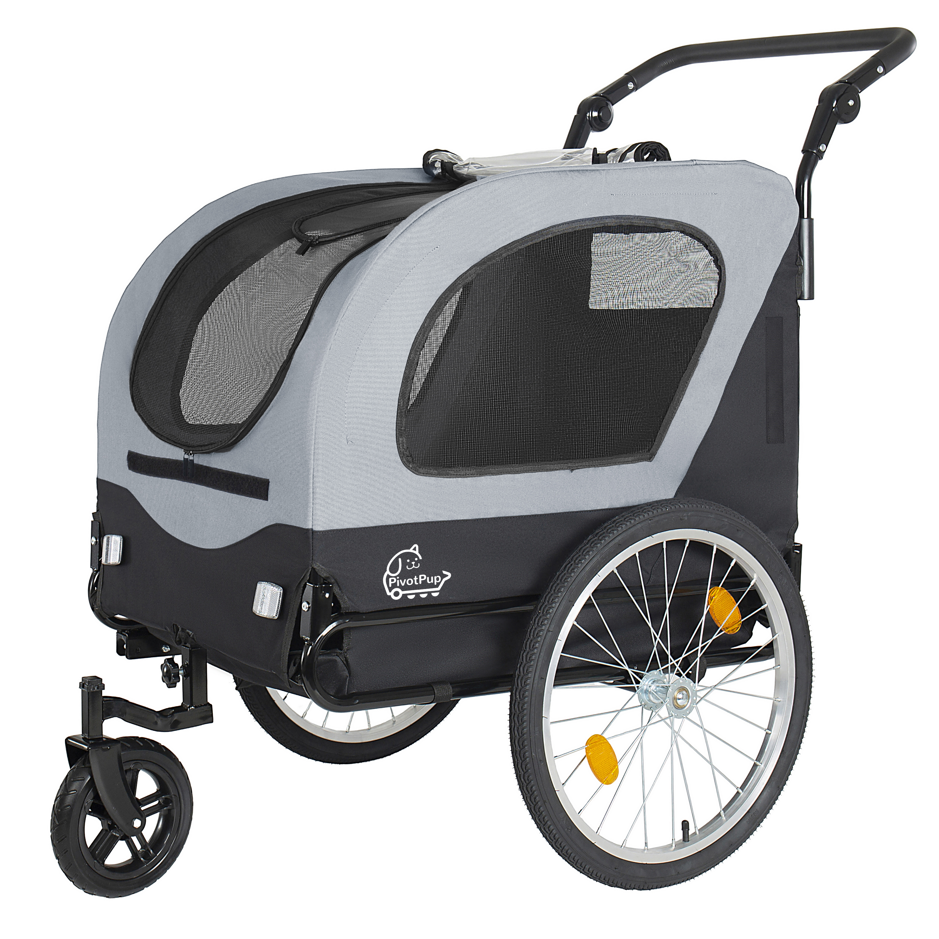 2-in-1 Bike Trailer & Pet Stroller For Dogs Up To 110lbs-Foldable Pet Carrier Cart With Front Caster & 20 Quick Release Air-Filled Wheels, Breathable Mesh And PVC Rain Cover, Gray — imagen 4
