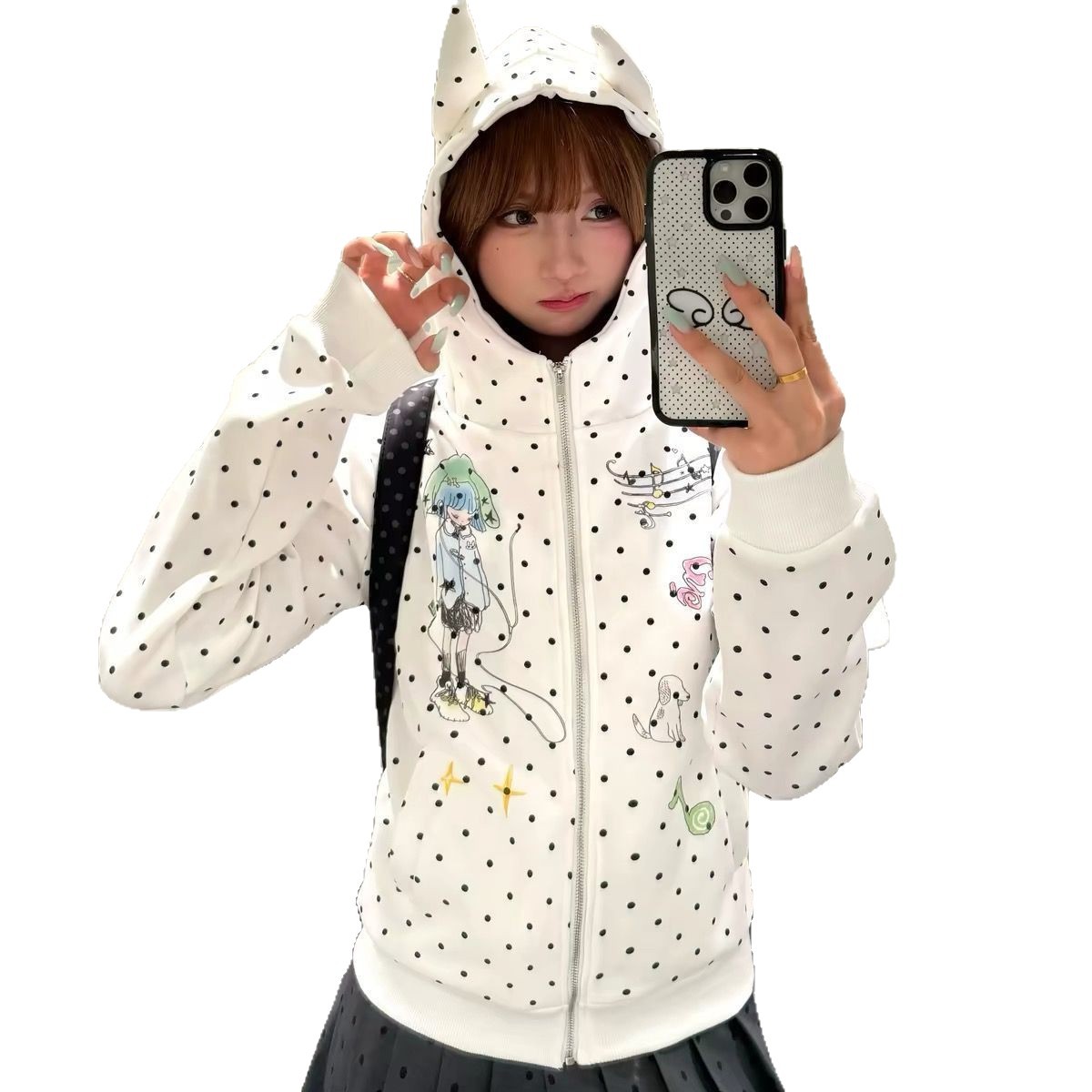 Cartoon Hoodie for Women, Zip-Up Coat with Polka Dot Cat Ears, Fitted Outerwear Trendy Style — image 2