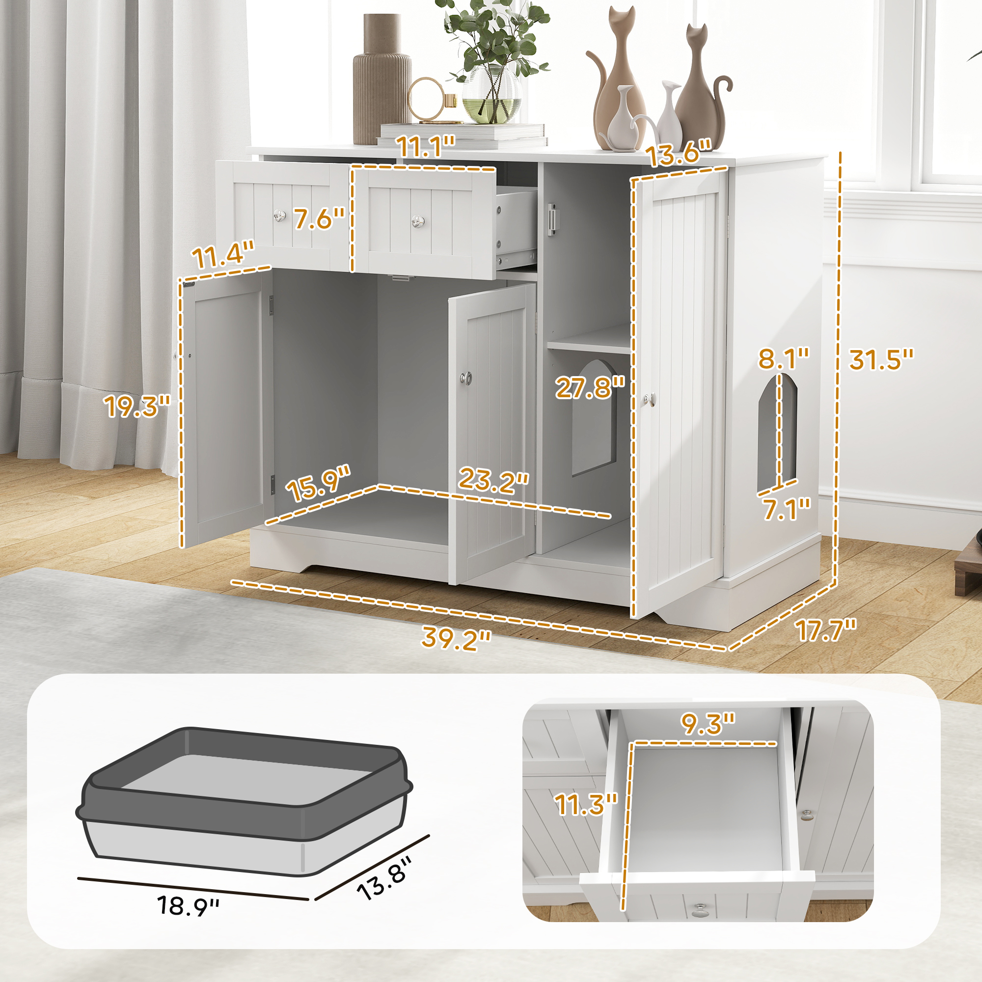 Caja de Arena para Gatos con Almacenamiento y Kit Anti-derribo, 99 cm x 46 cm x 80 cm, Blanco — imagen 4