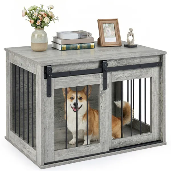Jaula-Mueble para Perro de 31.5" con Puerta Corrediza Estilo Granero, Mesa Auxiliar/Casa para Perro de Madera para Interiores - Gris — imagen 1