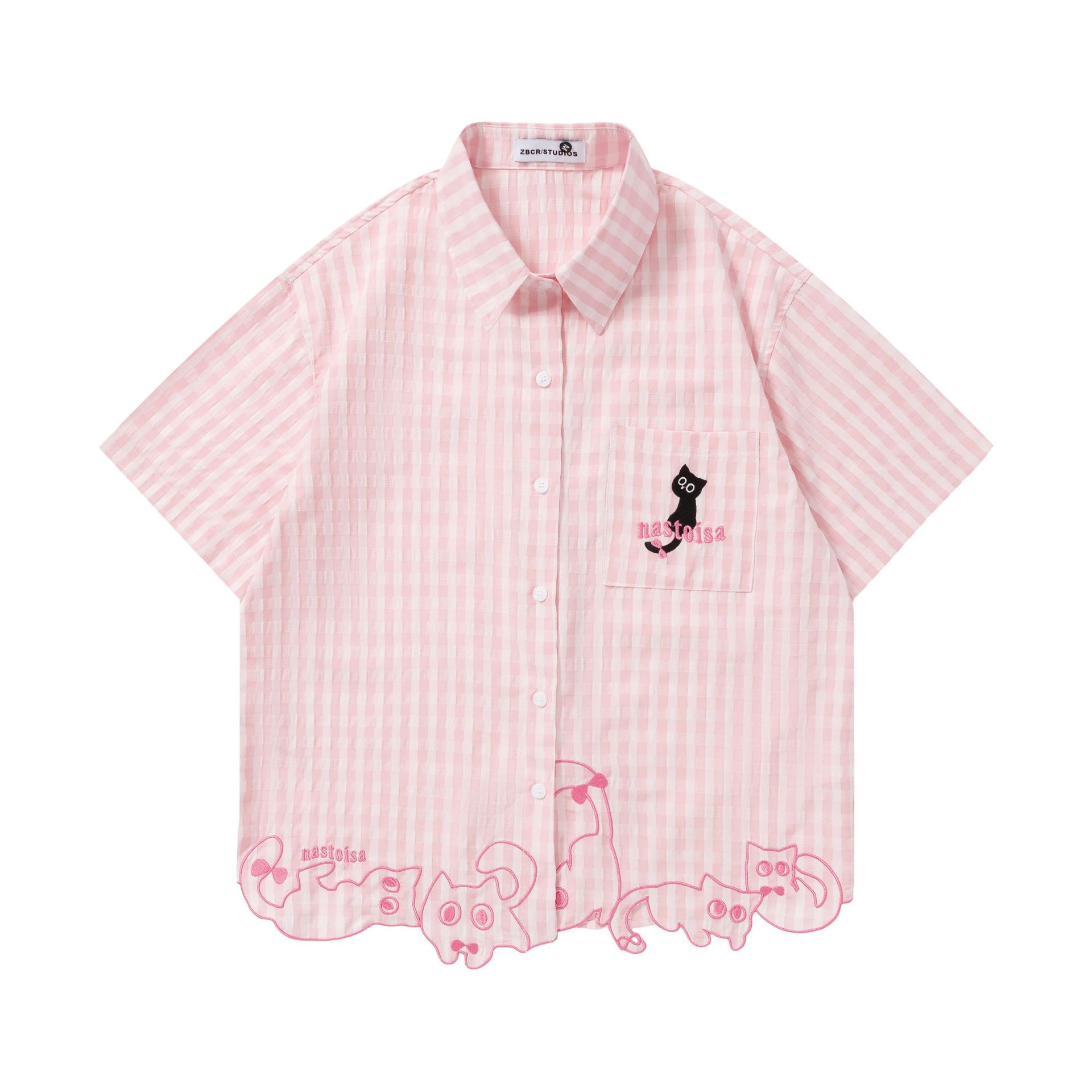 Cartoon cat embroidered short sleeved shirt — image 1
