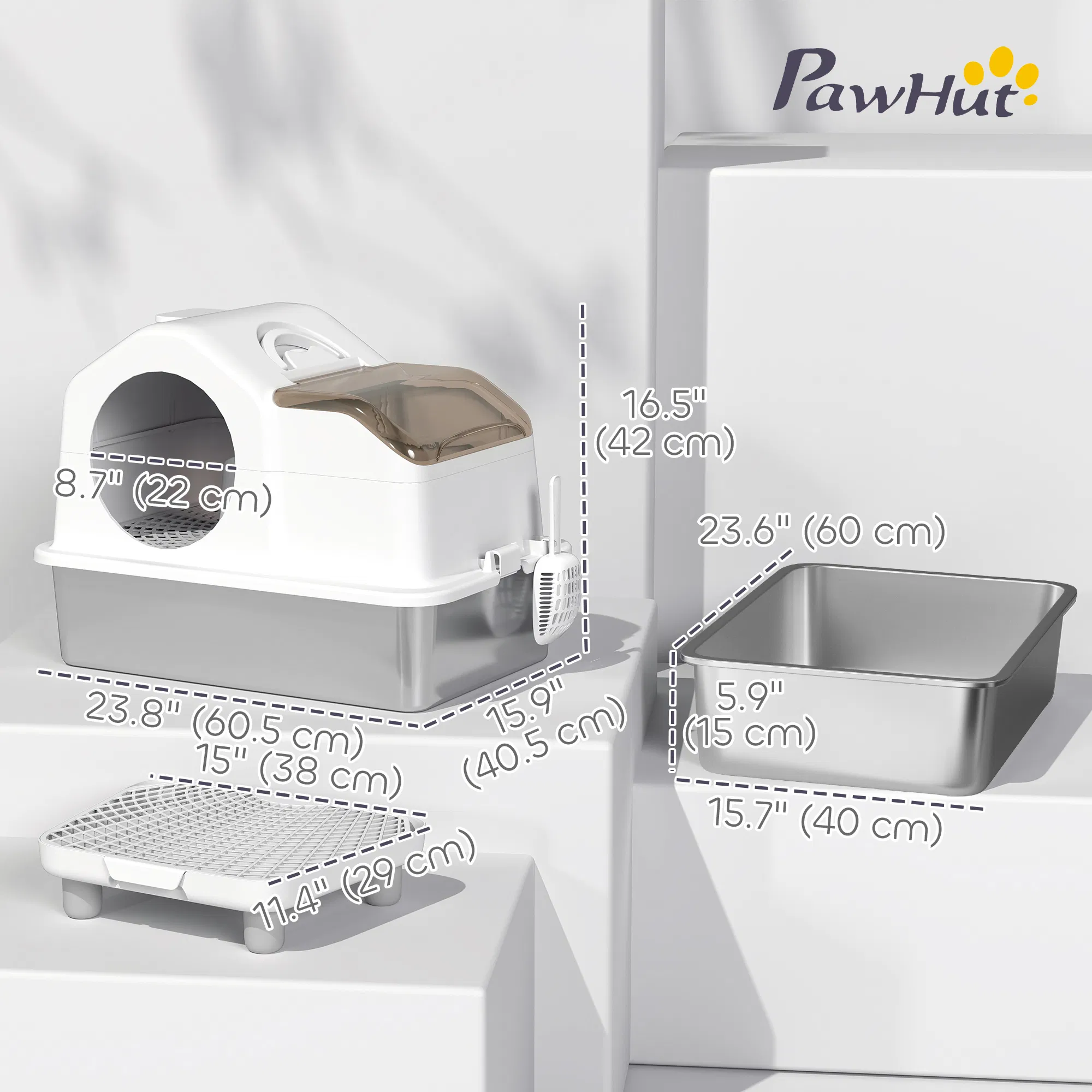 Extra Large Stainless Steel Cat Litter Box w/ High Sided, Removable Lid, Mats, Scoop, Odor Free, Non-Sticky, Leakproof — image 2