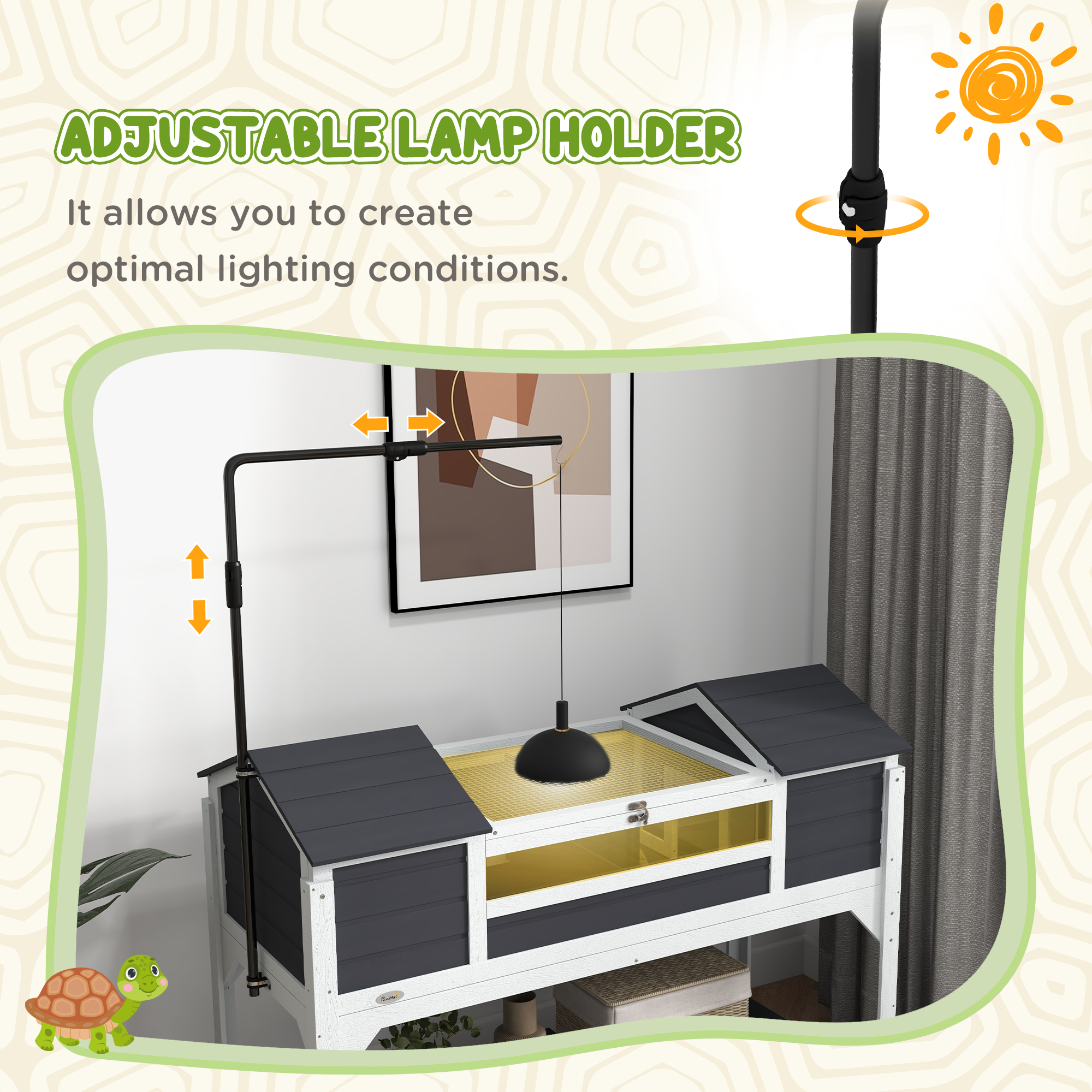Tortoise Enclosure Tortoise House with Adjustable Lamp Holder Storage Shelf, Dual Main Houses, Openable Lid, Gray — imagen 5