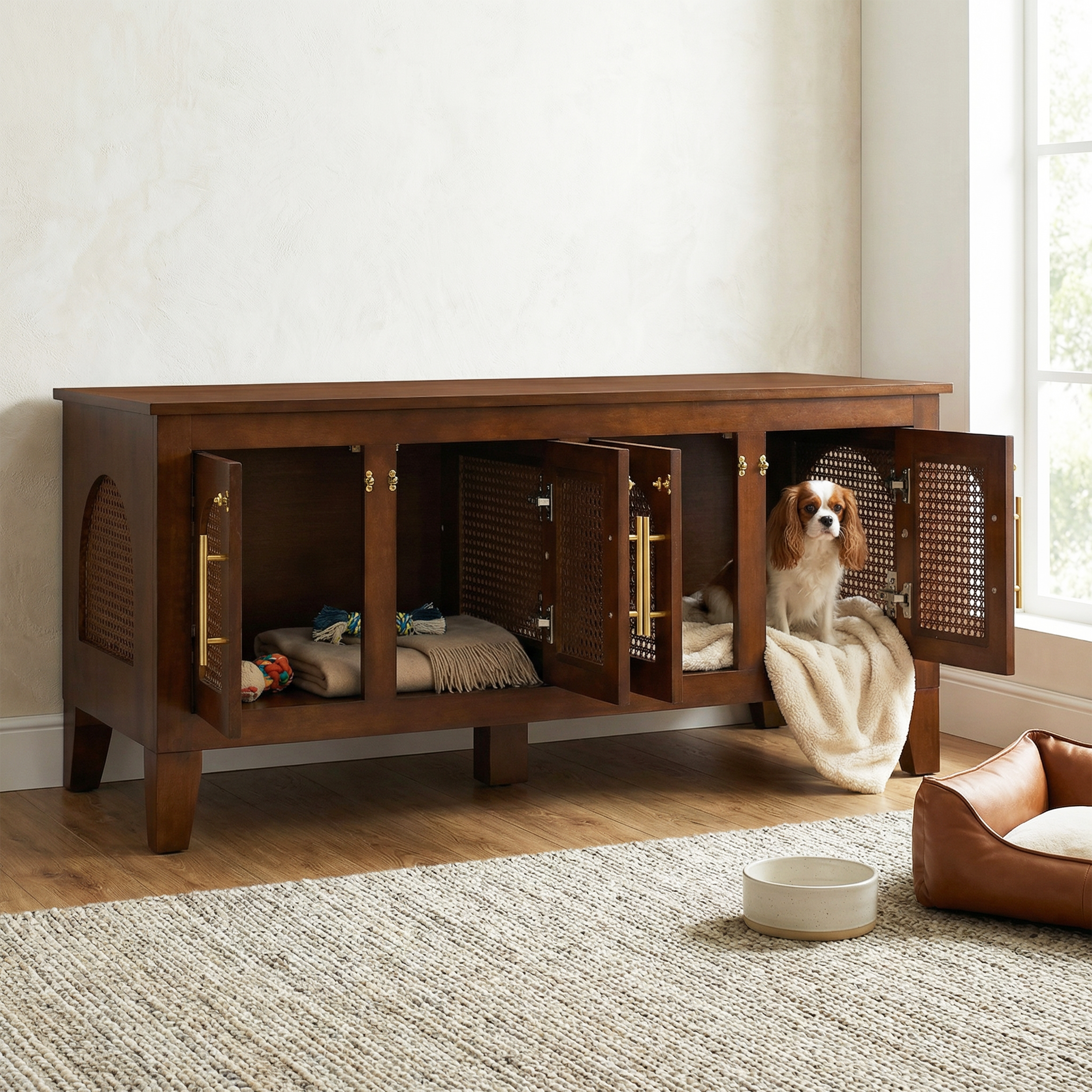 Lars Indoor Rattan Decorated Rubber Wood Dog Crate Cabinet Furniture -Stylish Pet Kennel With 4 Doors For Living Room — image 1