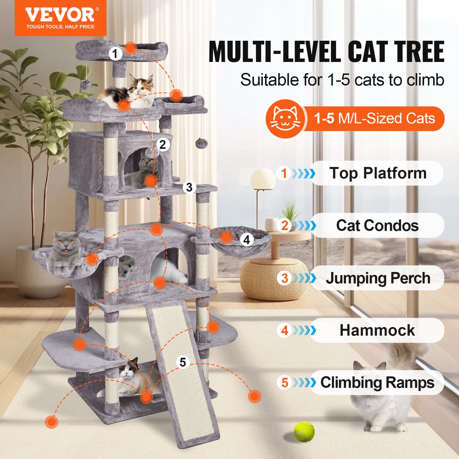 Árbol para Gatos de Interior, 68,5" Torre para Gatos con 2 Condos, Palo de Escarificar de Sisal, Hamacas, Perchas Superiores y Plataformas de Salto con Rampita, Centro de Actividad para Gatos con Pelotas Colgantes Gris Claro — imagen 4
