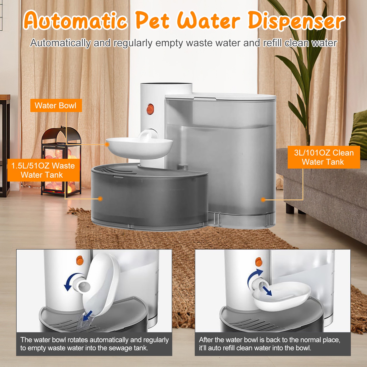 Fuente de Agua Inteligente para Mascotas Dispensador Automático de Agua para Gatos 3L Fuente de Agua para Perros Recargable e Inalámbrica con Autorrelleno, 3 Volúmenes Ajustables, 3 Intervalos de Tiempo y Control Táctil — imagen 10