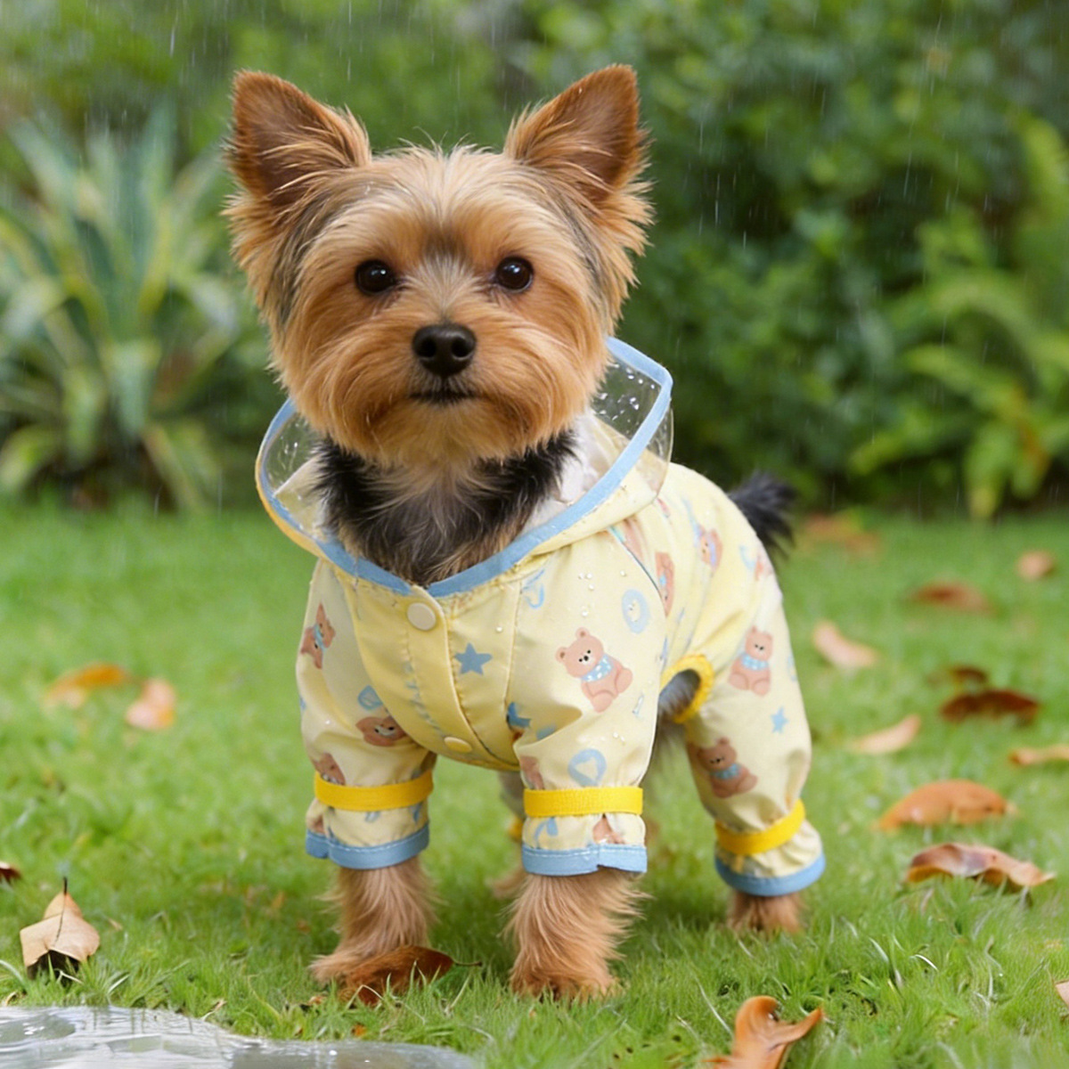 Cute Yellow and Blue Bear Pet Raincoat for Small Dogs, Four-Legged Waterproof Dog Rain Poncho — image 4