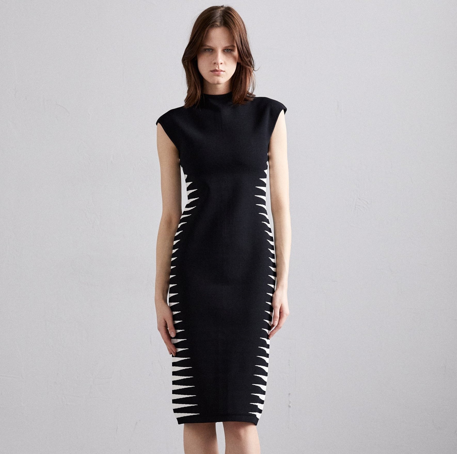 White contrast zebra print half-high collar sleeveless bandage dress intellectual and elegant stretch women's clothing — image 5