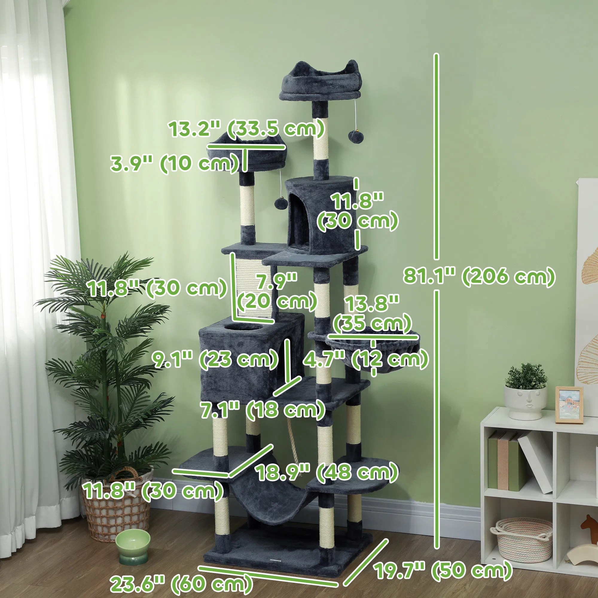 81" Large Cat Tree w/ Scratching Posts, Condos, Beds, Hammocks, Jumping Platforms, Toy Balls, Rope Cat Toy, Dark Grey — image 6