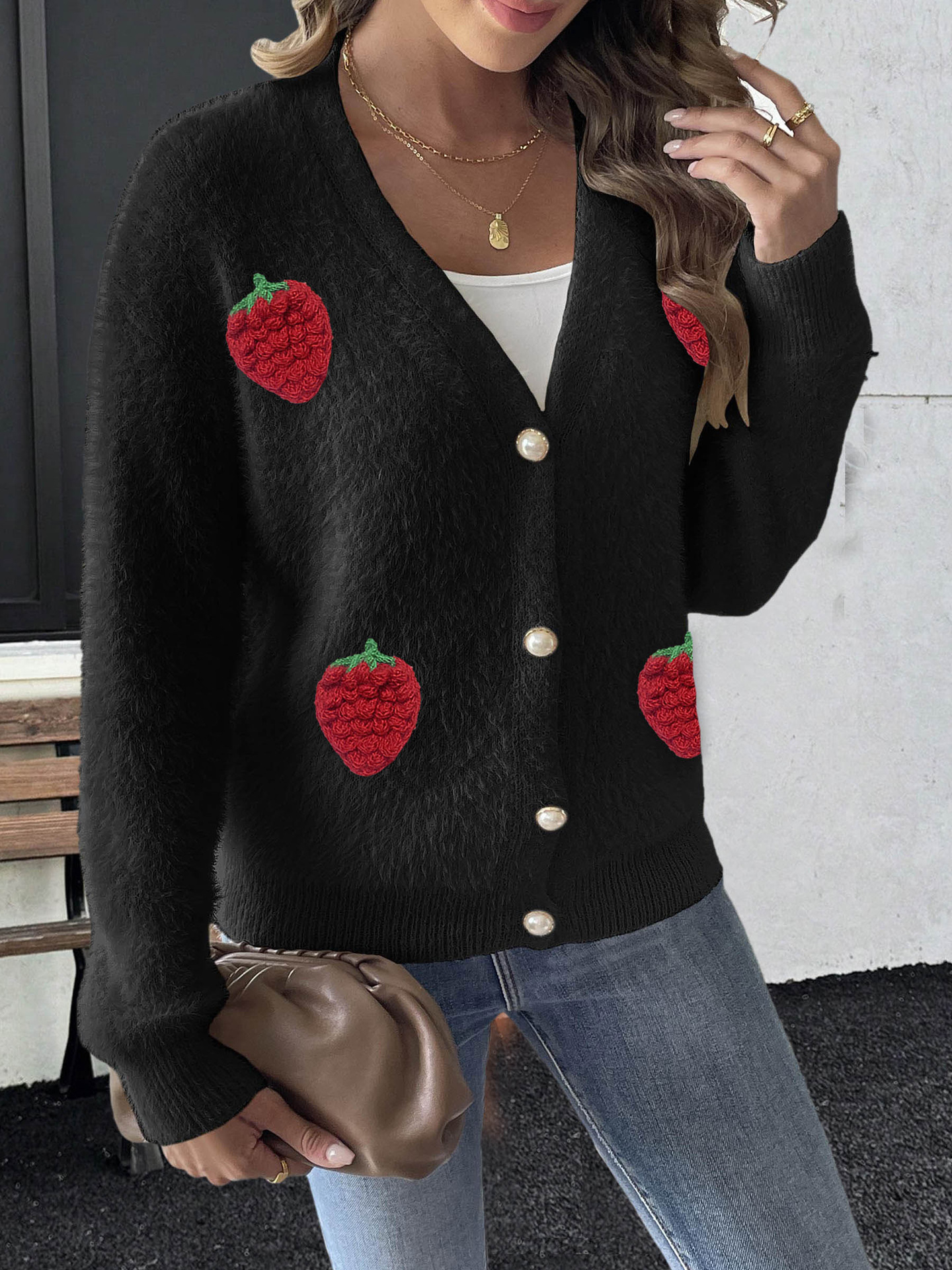Ladies' Faux Mink Coat Women's Pearl Button Four-Button 3D Embroidery Strawberry Patchwork Knit Cardigan — image 7