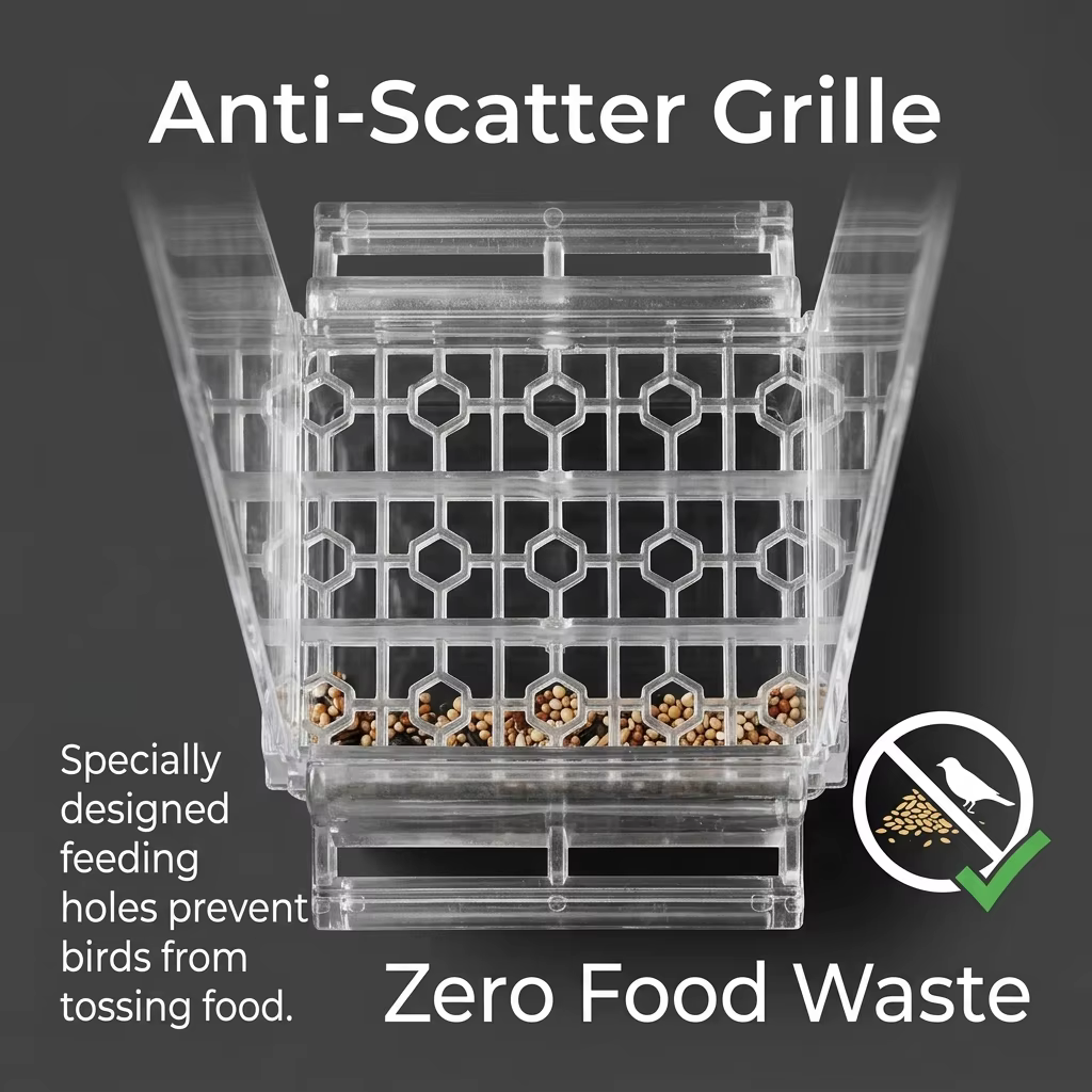No Mess Automatic Bird Feeder Clear Acrylic Seed Dispenser Spill-Proof Parrot Feeder Cage Accessories for Budgies Parakeet Cockatiel Finch — image 5