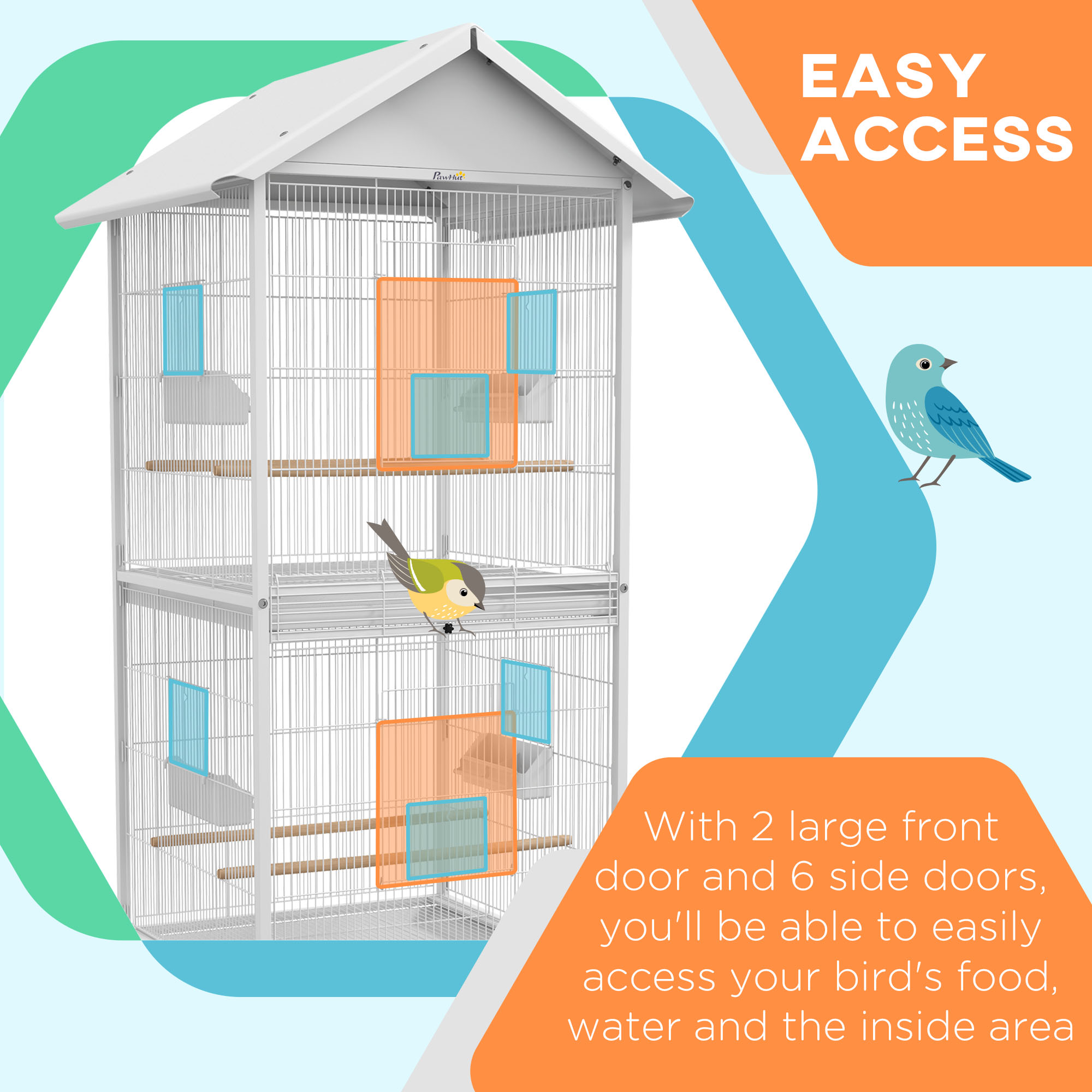 Wrought Metal Bird Cage Feeder With Rolling Stand Perches Food Containers Doors Wheels 67" H, White — imagen 4