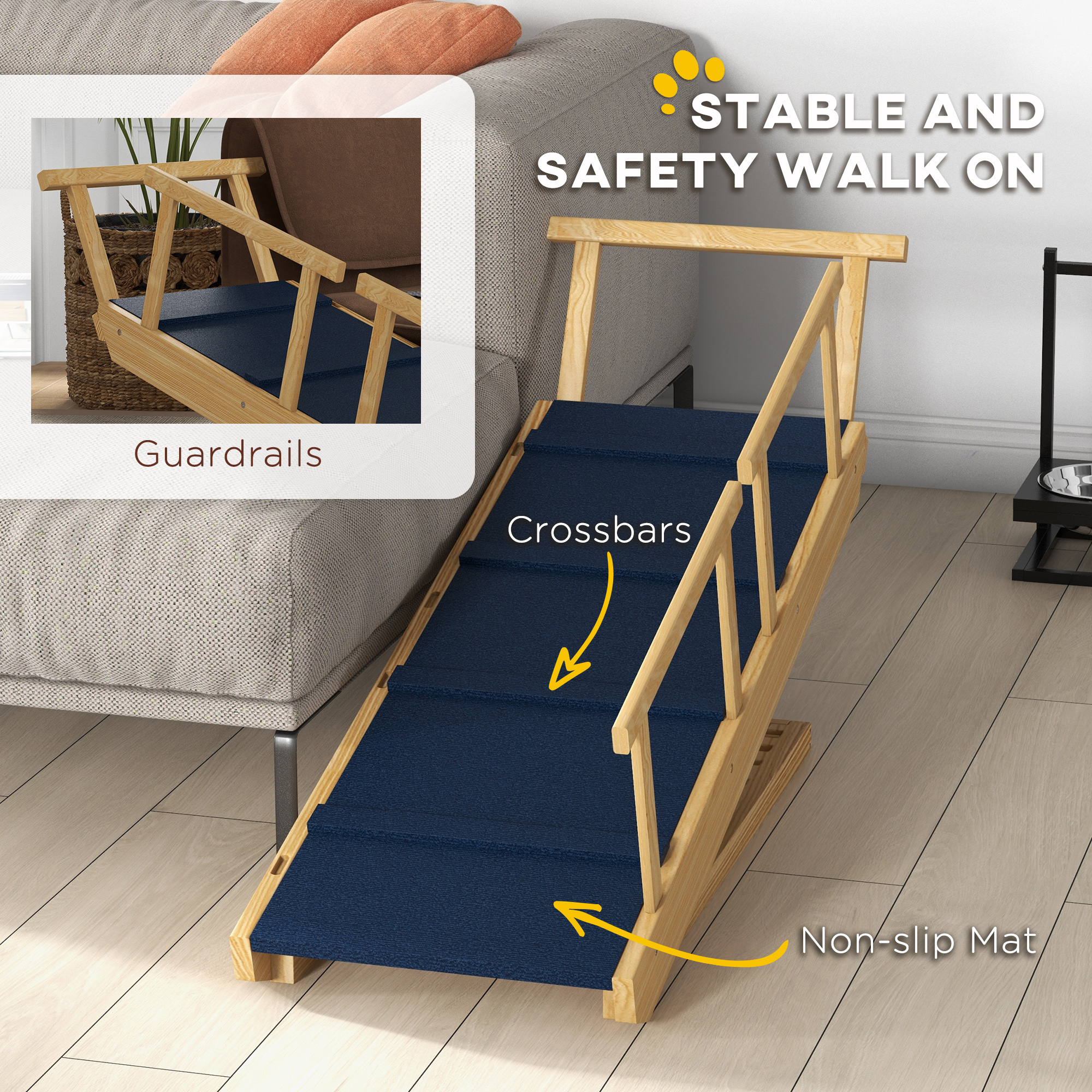 Paso para Perros, Escaleras de Madera para Mascotas con Tela de No Deslizar y Soportes Laterales — imagen 6
