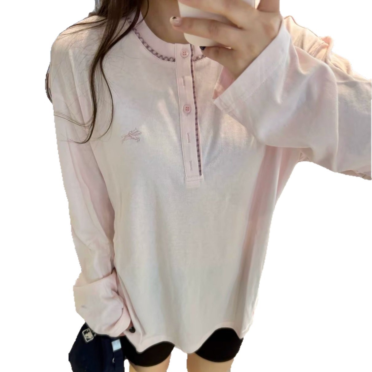 Henley Neck Long Sleeve Spring National Trend Embroidered Horse Loose Embroidered T-Shirt — image 1