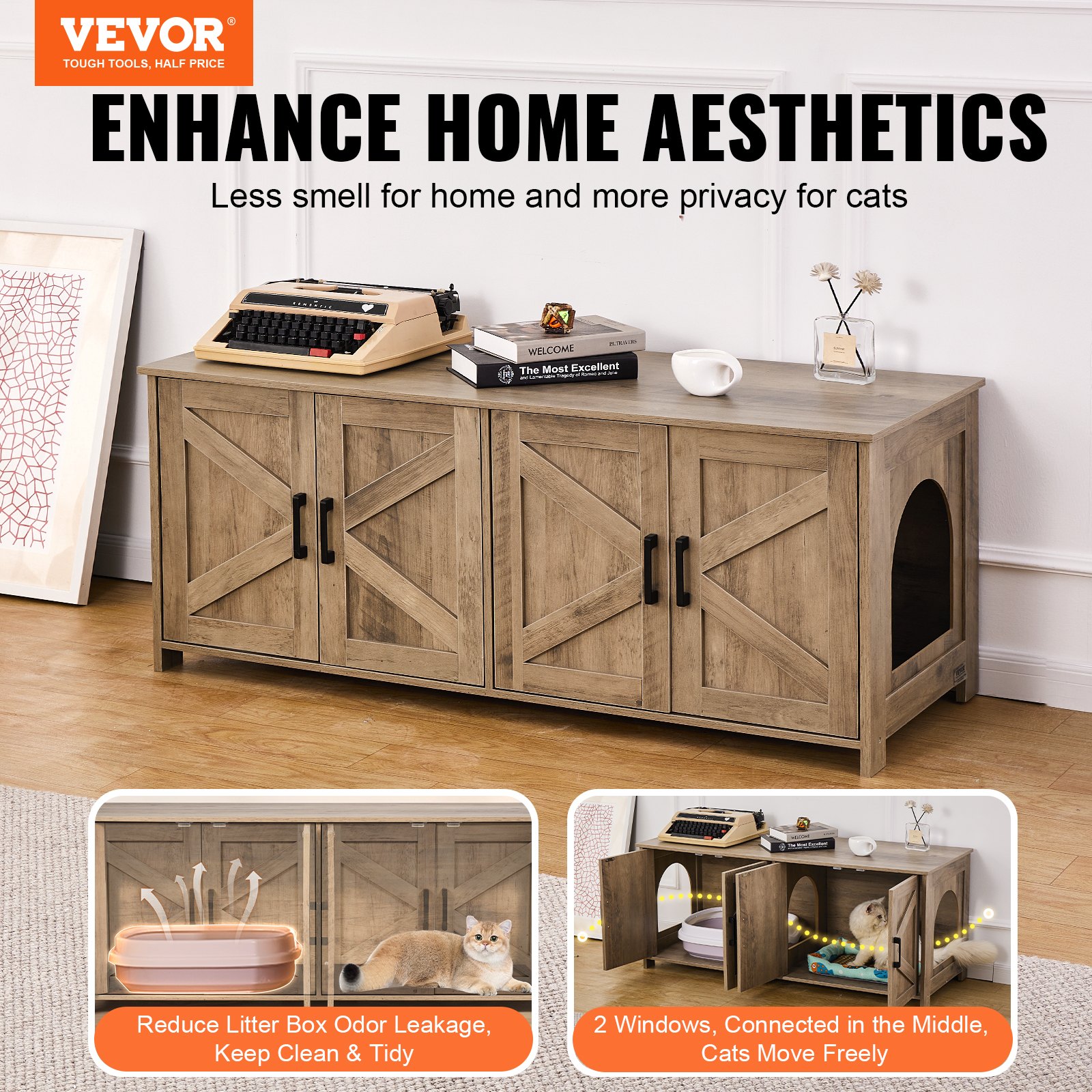 Caja de Limpieza para Gatos Encerrada para 2 Gatos, Diseño Estético Oculto con Dos Habitaciones, Armario de Madera para Cajas de Limpieza que Encaja en la Mayoría, 47.2"L x 18.5"A x 19.7"H, Greige — imagen 2