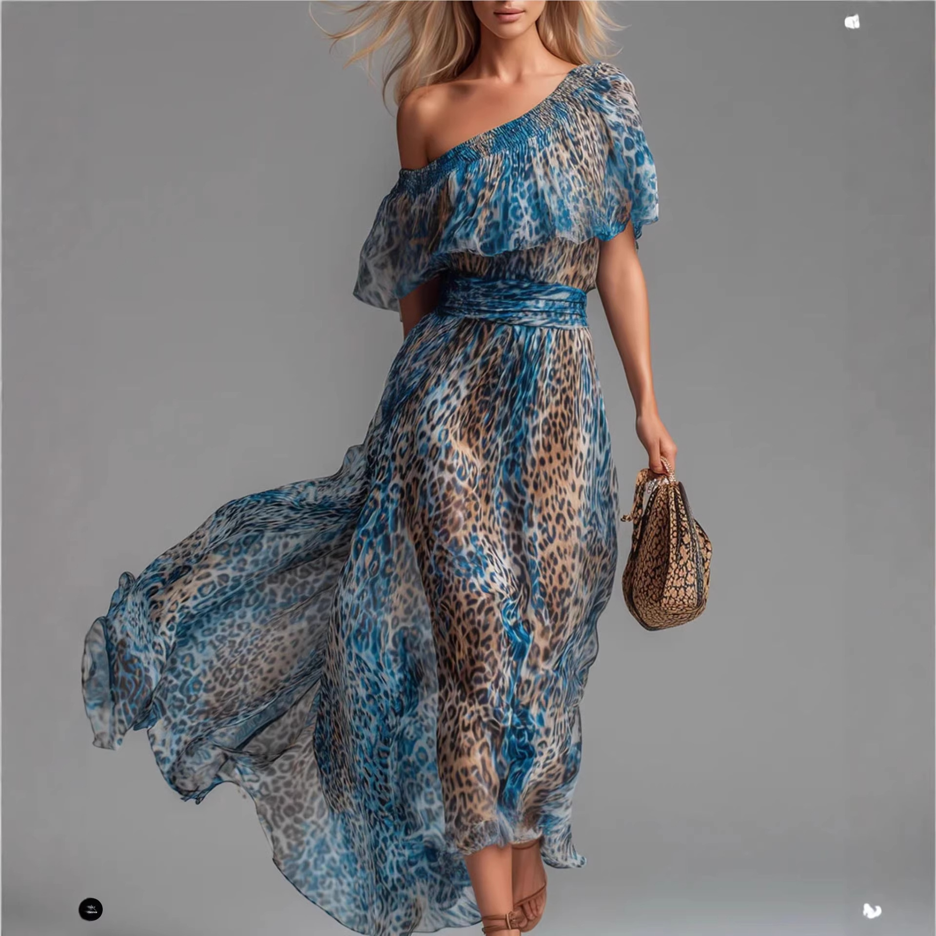 Vestido de Chiffón con Estampado de Leopardo, Hombro Asimétrico, Envolvimiento de Cintura, Faldita de Vacaciones Larga — imagen 5