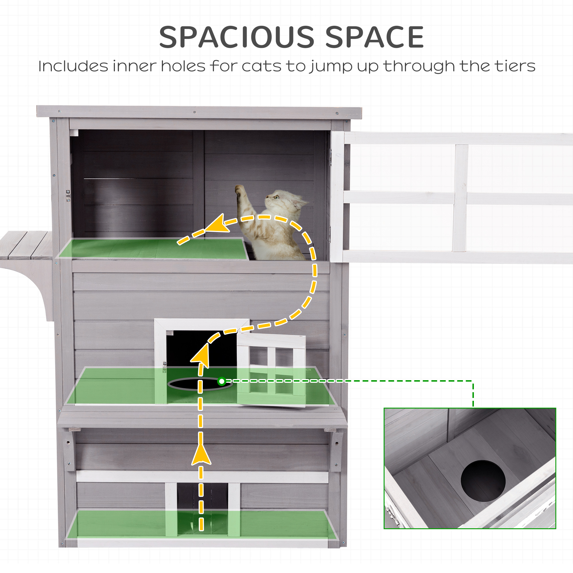 Casa de Jardín para Gatos, 3 Niveles con 5 Puertas de Escape, Resistente al Tiempo, Gris y Blanco — imagen 6