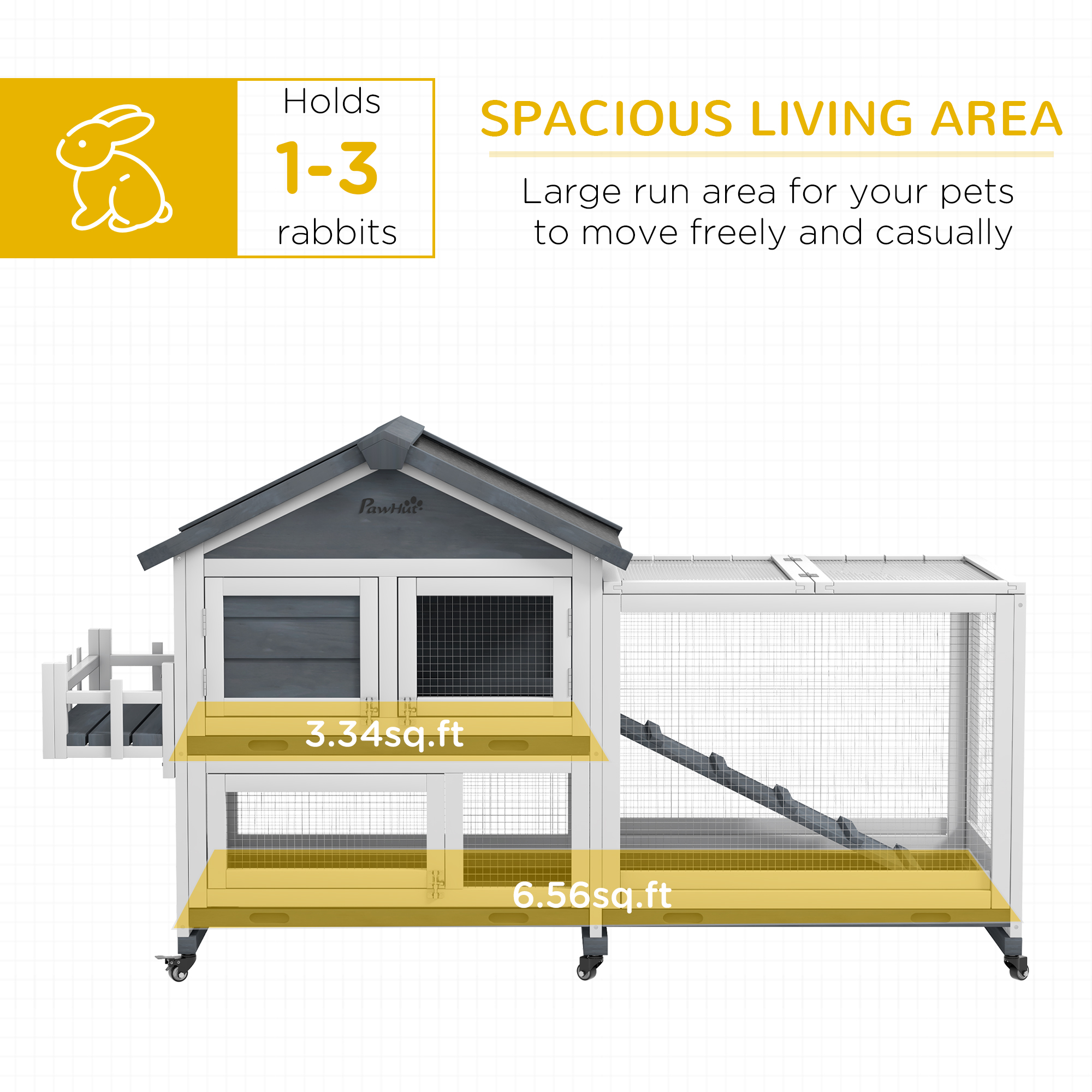 Conejera de Madera de 65", Corral para Mascotas con Techo Abatible y Caja de Almacenamiento para Conejos y Animales Pequeños, Gris — imagen 4