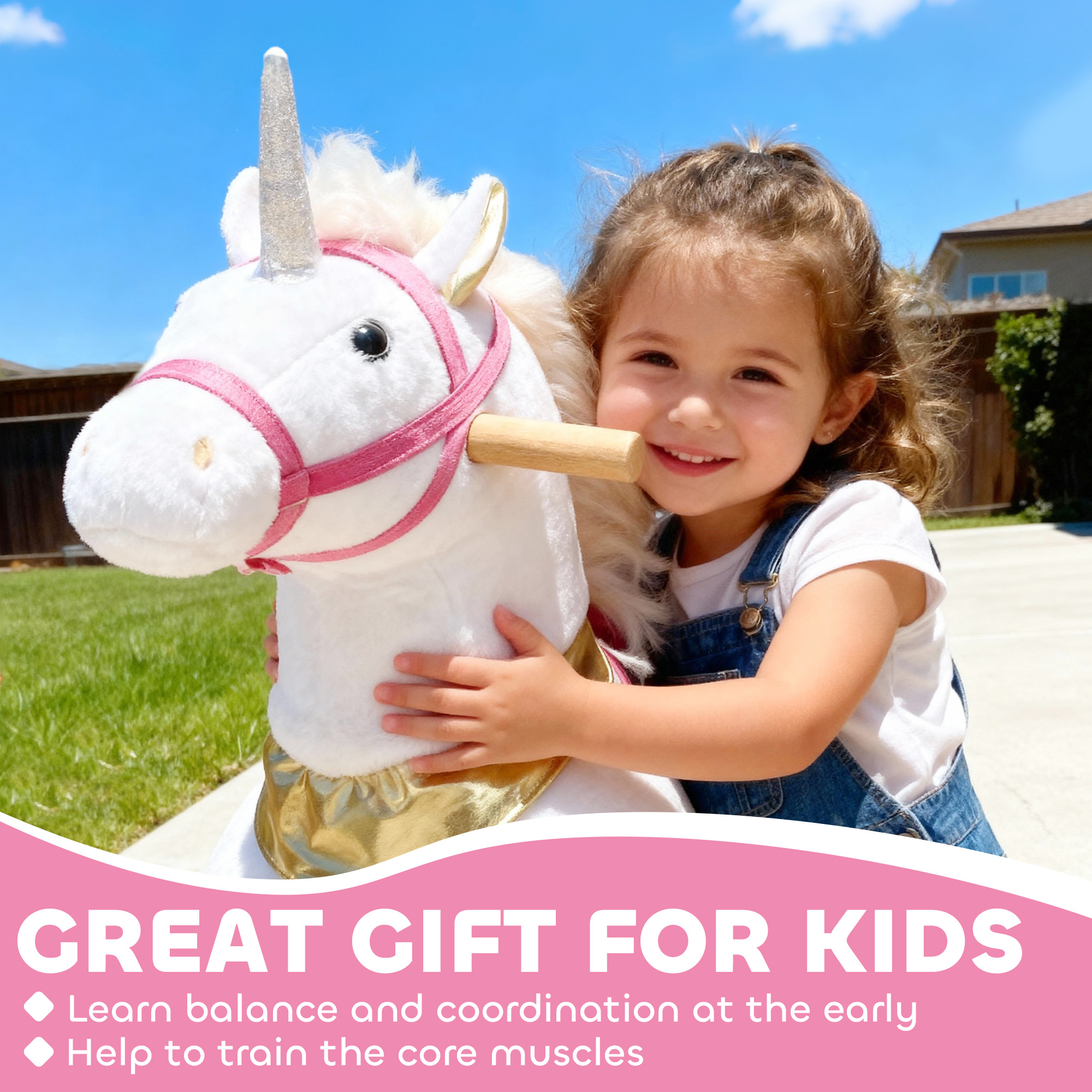Ride on Unicorn Toy for Kids 3-5 Years, 29.5 Inch Plush Baby Rocking Horse with Wheels, No Battery Required, White — image 4