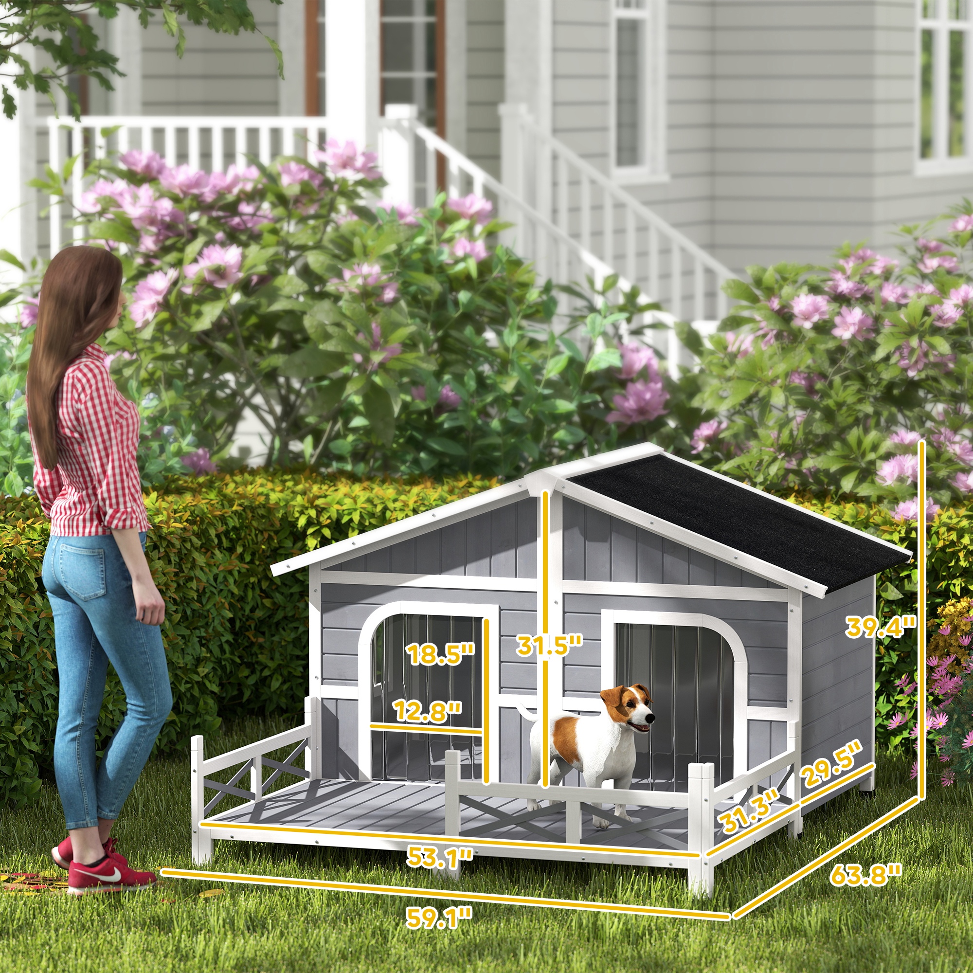Casa para Perros Exterior, Caja de Madera para Mascotas con Porche, Techo Abordable, Base Elevada y Habitación doble para 2 Razas Pequeñas a Medianas — imagen 3
