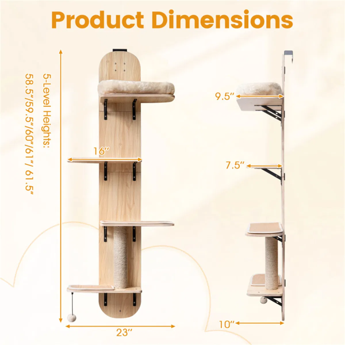Door Hanging Cat Tree 5-Level Height Adjustable 4-Tier Climber No-Drill for Apartment Beige — image 5