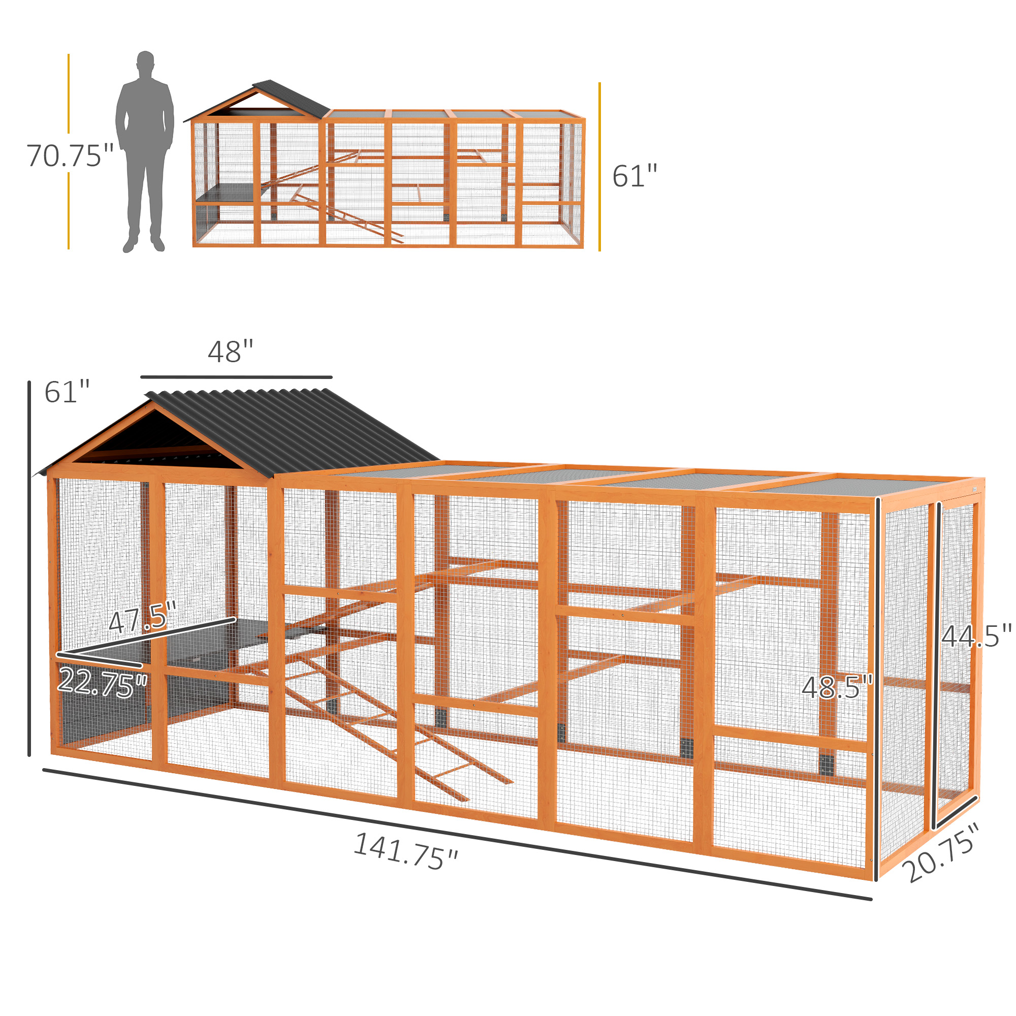 Casa de Pollos en Madera para 6-10 Gallinas - Corral Adicional con Almacenamiento, Perchas, 141.75" x 48" x 61", Naranja — imagen 3
