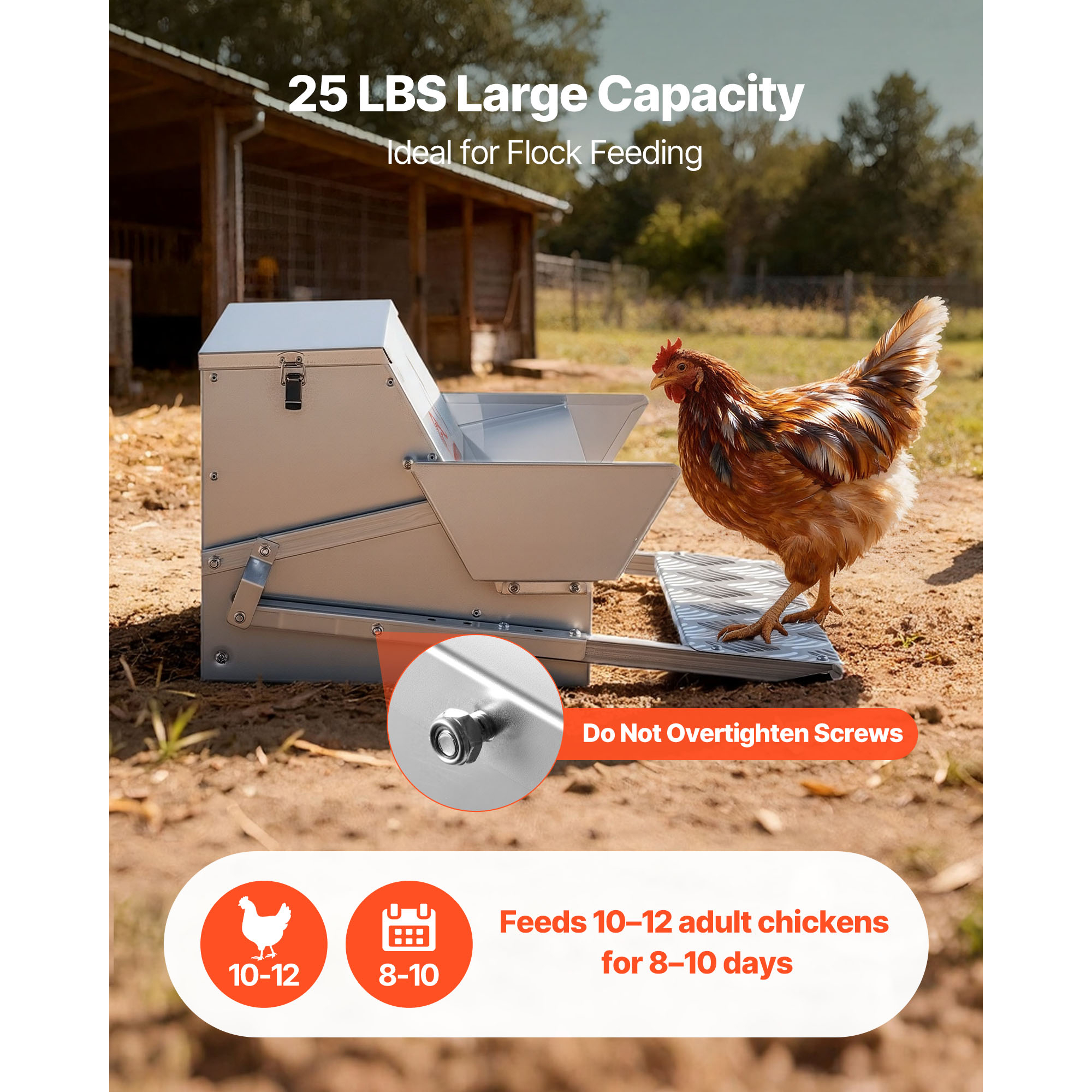 Alimentador Automático de Pollos 25 Libras Capacidad, Paso Antideslizante Resistentes a la Lluvia con Tapón Bloqueable, Sin Pérdidas, Construcción de Acero Galvanizado, Uso Al Aire Libre, Para Gallinas, Bantams, Pájaros de Corral — imagen 3