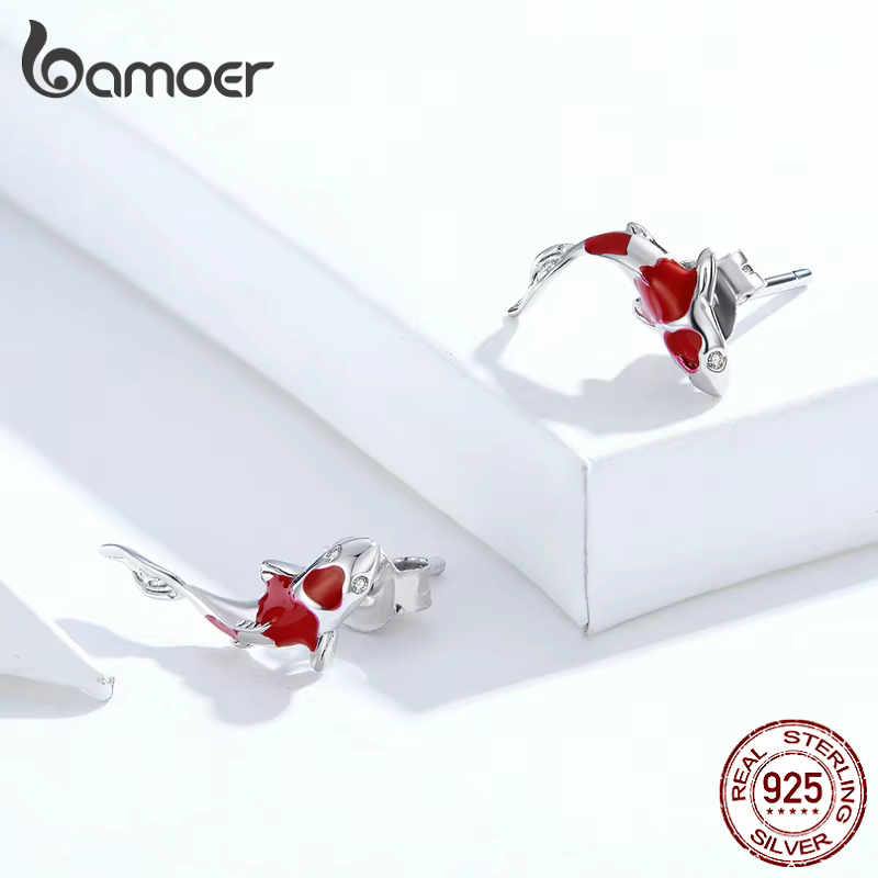 Bamoer Aretes de Estilo Pez Enamel Rojo para Mujeres 925 Sterling Silver Aretes de Koi de Primavera Festival Silver Fashion Jewelry SCE812 — imagen 3
