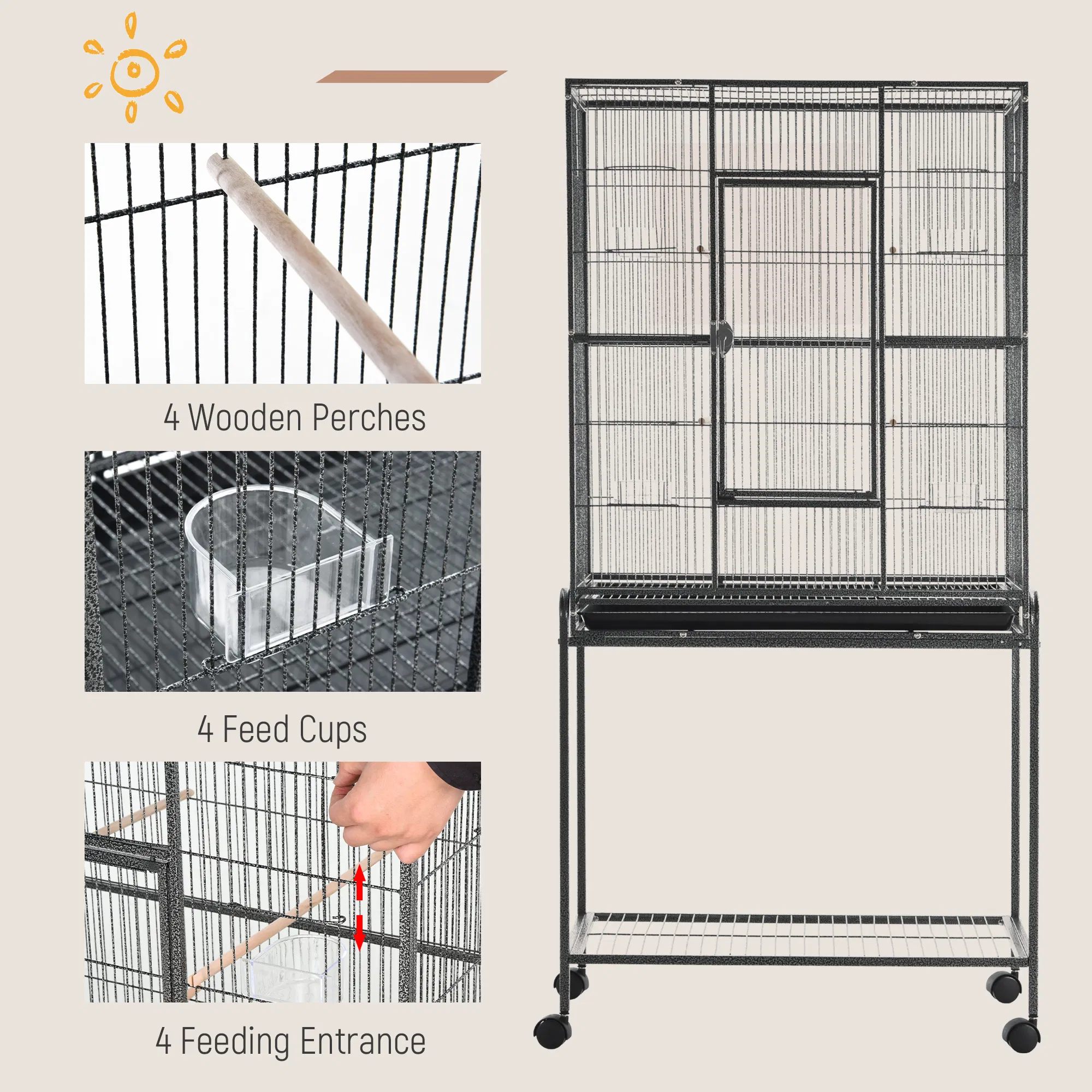 30'' Large Rolling Metal Bird Cage Bird House with Detachable Rolling Stand, Storage Shelf, Wood Perch Food Container - Black — image 4