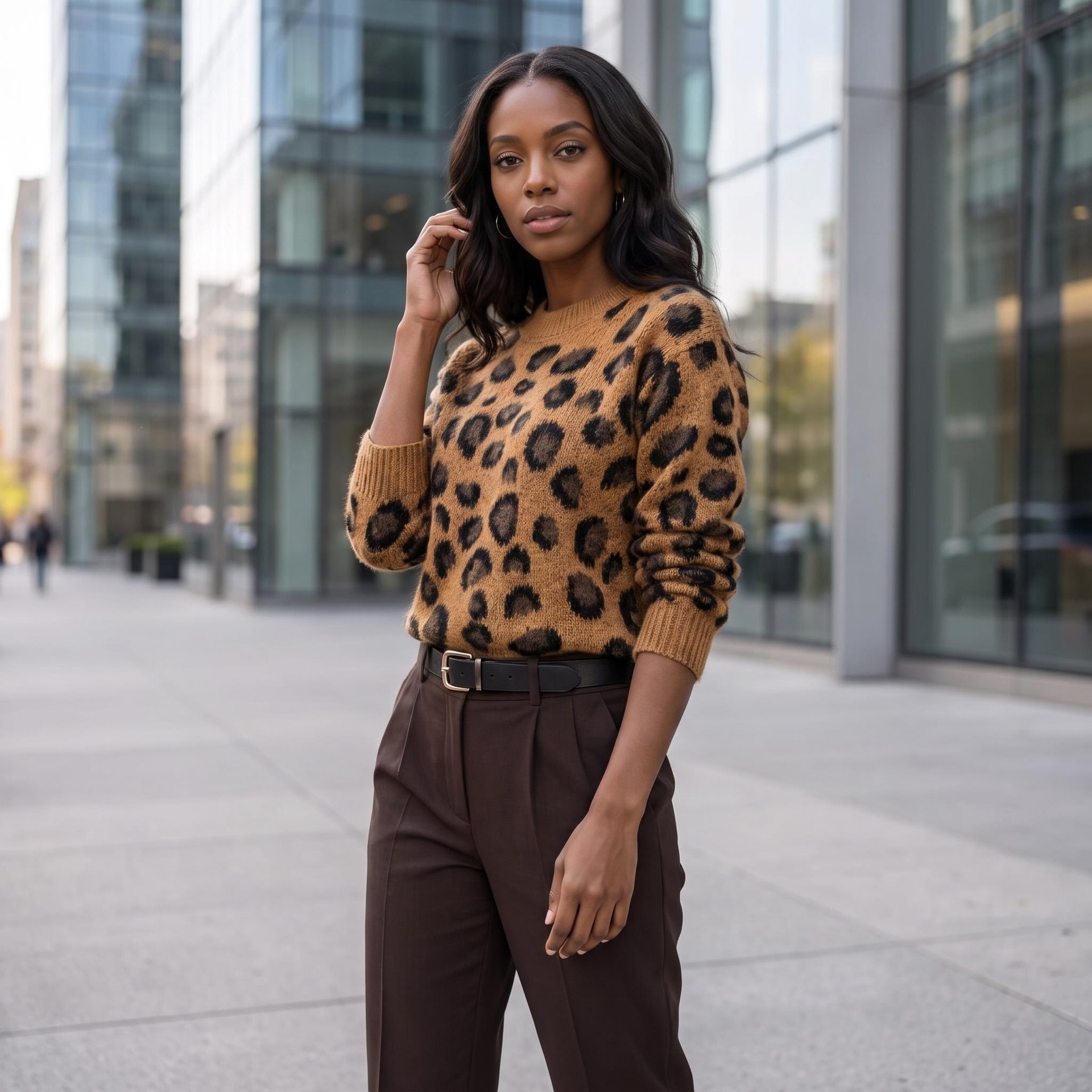Leopard print round neck long sleeved sweater — image 4